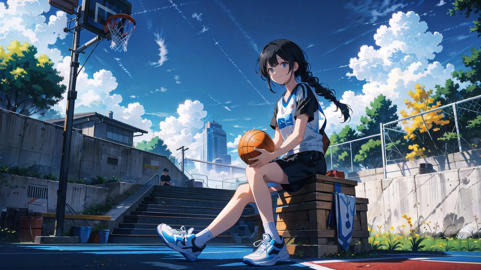 masterpiece, best quality, high quality, extremely detailed CG unity 8k wallpaper, extremely detailed, High Detail, colors, 

(1girl, solo), long hair, smile, black hair, holding, sitting, full body, braid, short sleeves, outdoors, sky, day, cloud, blue sky, white footwear, building, sneakers, ball, basketball,

A young girl sitting on an outdoor basketball court, holding a basketball, She is wearing black sportswear and white sneakers, smiling happily, The background features a clear blue sky and some buildings, creating a relaxed and cheerful athletic atmosphere,girl