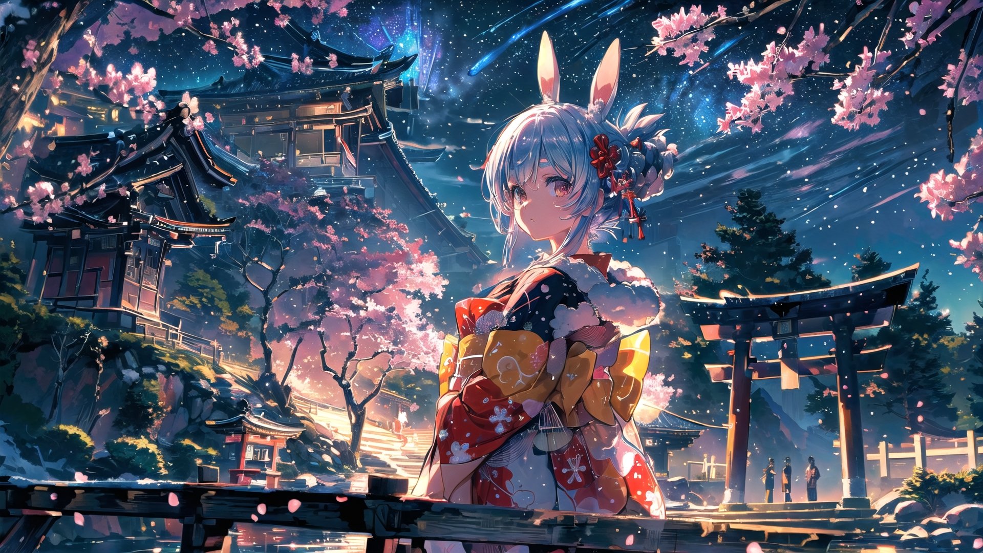 //Quality
(((best quality, 8k wallpaper))), ((detailed eyes, detailed illustration, masterpiece, ultra-detailed)),

//Charater
1girl, solo, usada pekora, 
kimono1, (red kimono:1.5), wearing kimono, wearing new year kimono, 

// Pose
upper body, (dynamic angle), 
looking at viewer, 

// Background
((detailed background)), midjourney, yofukashi background,perfect light, (cherry blossoms), extremely delicate and beautiful, ((background: shrine, night stars iridescent)), ((nightime, detailed stars)), Night view in the shrine, A girl prays in front of a shrine at night, behind her is a row of lanterns and a red torii gate