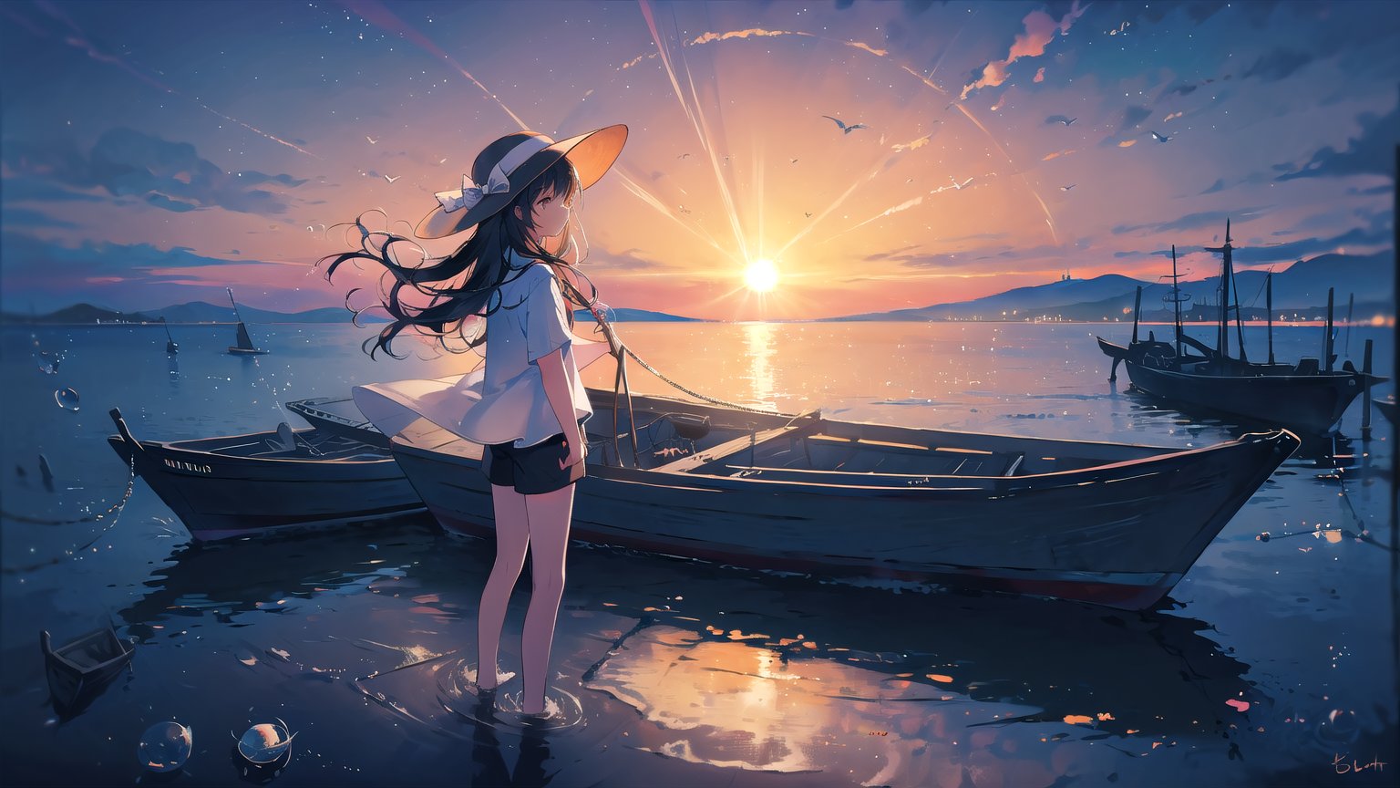 masterpiece, best quality, high quality, extremely detailed CG unity 8k wallpaper, extremely detailed, High Detail, vibrant, colors, backlight, ethereal, dreamy, soft lighting,

(1girl, solo), shirt, black hair, hat, white shirt, outdoors, sky, shorts, water, ocean, white headwear, black shorts, sun hat, sunset, photo background,

A girl standing by the sea during sunset, wearing a white lightweight blouse and black shorts, with a white wide-brimmed straw hat, The background features a calm ocean with multiple boats anchored in the distance, and the sky displaying a beautiful gradient from orange to blue, surrounded by soft clouds and gentle light reflections on the water, giving a serene and magical atmosphere,