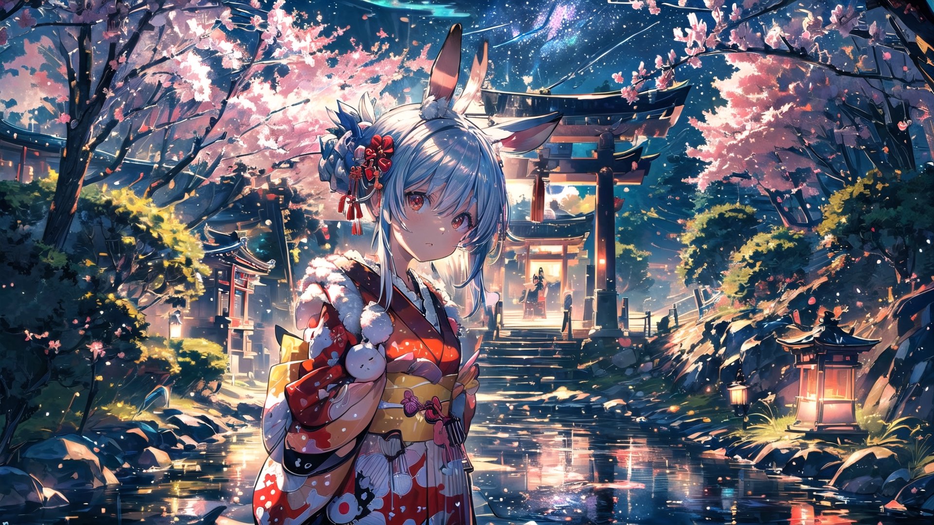 //Quality
(((best quality, 8k wallpaper))), ((detailed eyes, detailed illustration, masterpiece, ultra-detailed)),

//Charater
1girl, solo, usada pekora, 
kimono1, (red kimono:1.5), wearing kimono, wearing new year kimono, 

// Pose
upper body, (dynamic angle), 
looking at viewer, 

// Background
((detailed background)), midjourney, yofukashi background,perfect light, (cherry blossoms), extremely delicate and beautiful, ((background: shrine, night stars iridescent)), ((nightime, detailed stars)), Night view in the shrine, A girl prays in front of a shrine at night, behind her is a row of lanterns and a red torii gate