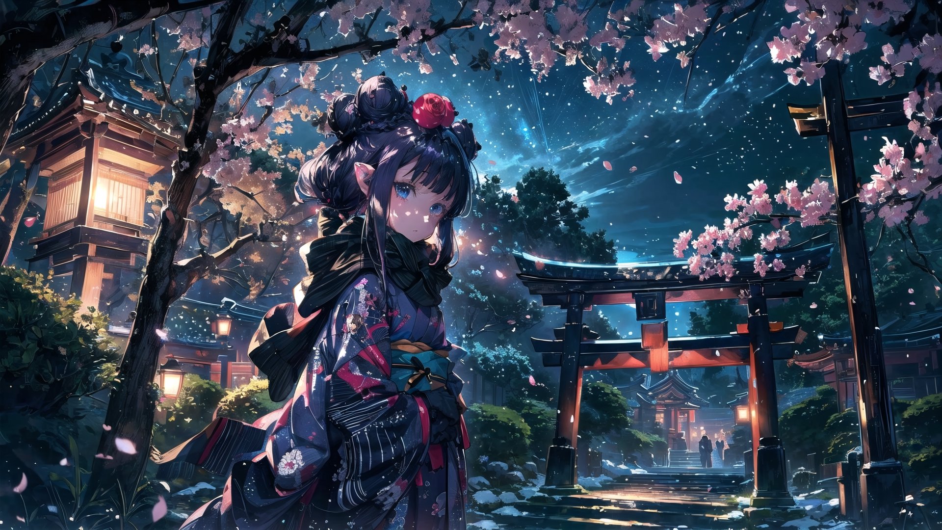 //Quality
(((best quality, 8k wallpaper))), ((detailed illustration, masterpiece, ultra-detailed)), 

//Body
(detailed face, (detailed eyes), detailed skin, detailed hair, detailed fabric),
(beautiful detailed eyes, pretty eyelashes, (shiny eyes)), (glossy eyes))), reflective eyes, sparkly eyes, sparkles in eyes),

//Charater
1girl, solo, ninomae ina'nis, flat_chest, tiny_chest, blue eyes, 
wearing kimono, wearing new year kimono,
(inanewyears, haori, print kimono, black scarf, double bun, hair flower,), 

// Pose
upper body, looking at viewer, 
(dynamic angle), (Mid-shot, Medium Shot, Medium Long Shot), 

// Background
((detailed background)), midjourney, yofukashi background, (perfect light, cinematic lighting, extreme light and shadow effects), (cherry blossoms, petals floating in the wind,), extremely delicate and beautiful, ((background: shrine, night stars iridescent)), ((nightime, detailed stars, starry sky,)), Night view in the shrine, A girl prays in front of a shrine at night, behind her is a row of lanterns and a red torii gate, ((Night, Night view)), 