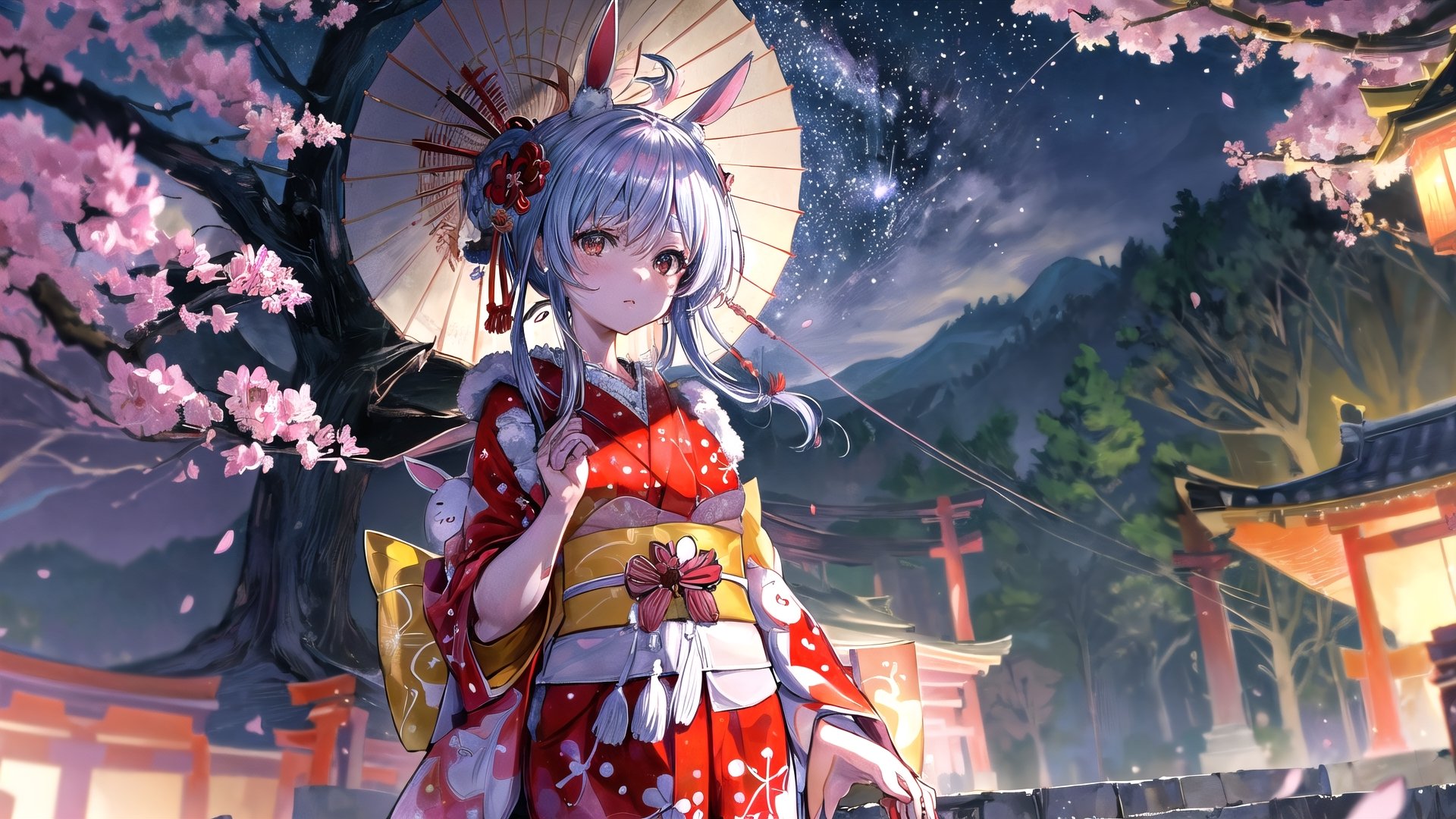 //Quality
(((best quality, 8k wallpaper))), ((detailed eyes, detailed illustration, masterpiece, ultra-detailed)),

//Charater
1girl, solo, usada pekora, 
kimono1, (red kimono:1.5), wearing kimono, wearing new year kimono, 

// Pose
upper body, (dynamic angle), 
looking at viewer, 

// Background
((detailed background)), midjourney, yofukashi background,perfect light, (cherry blossoms), extremely delicate and beautiful, ((background: shrine, night stars iridescent)), ((nightime, detailed stars)), Night view in the shrine, A girl prays in front of a shrine at night, behind her is a row of lanterns and a red torii gate
