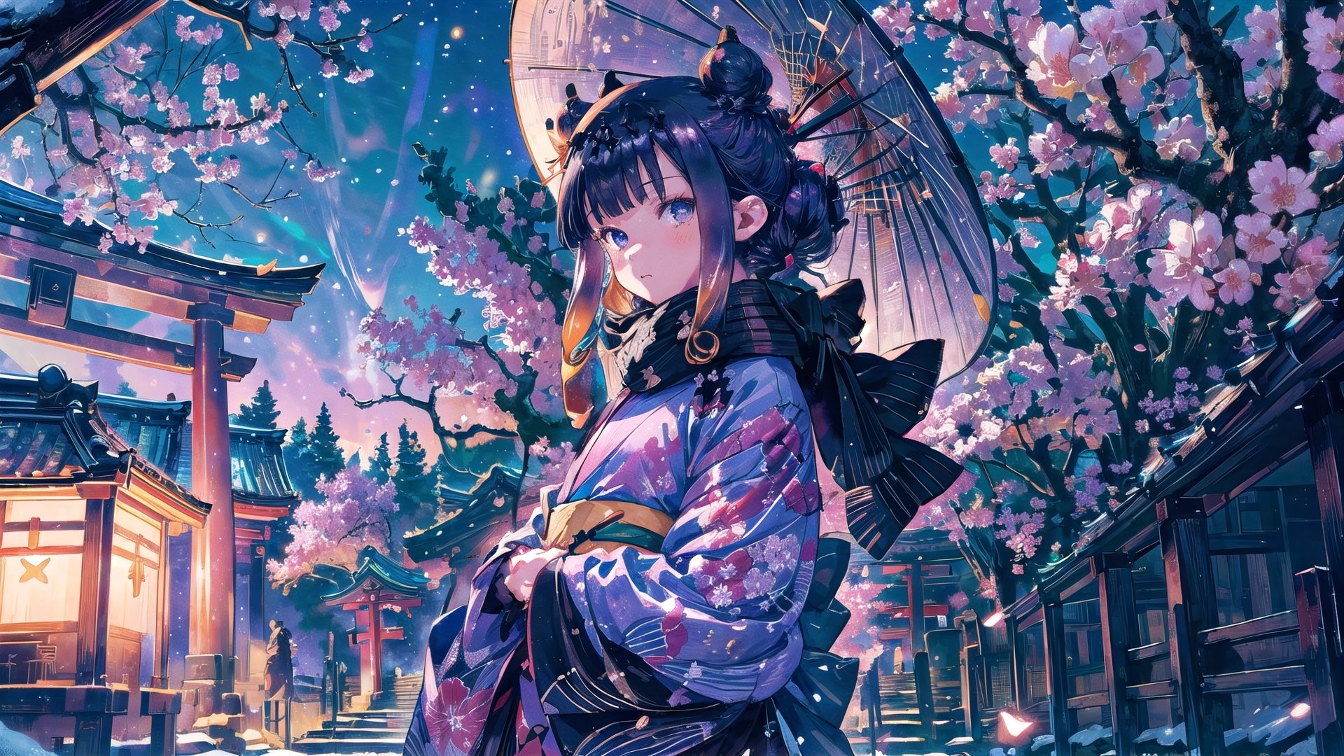 //Quality
(((best quality, 8k wallpaper))), ((detailed eyes, detailed illustration, masterpiece, ultra-detailed)),

//Charater
1girl, solo, ninomae ina'nis, flat_chest, tiny_chest,
inanewyears, haori, print kimono, black scarf, double bun, hair flower

// Background
((detailed background)), midjourney, yofukashi background,perfect light, (cherry blossoms), extremely delicate and beautiful, ((background: shrine, night stars iridescent)), ((nightime, detailed stars)), Night view in the shrine, A girl prays in front of a shrine at night, behind her is a row of lanterns and a red torii gate