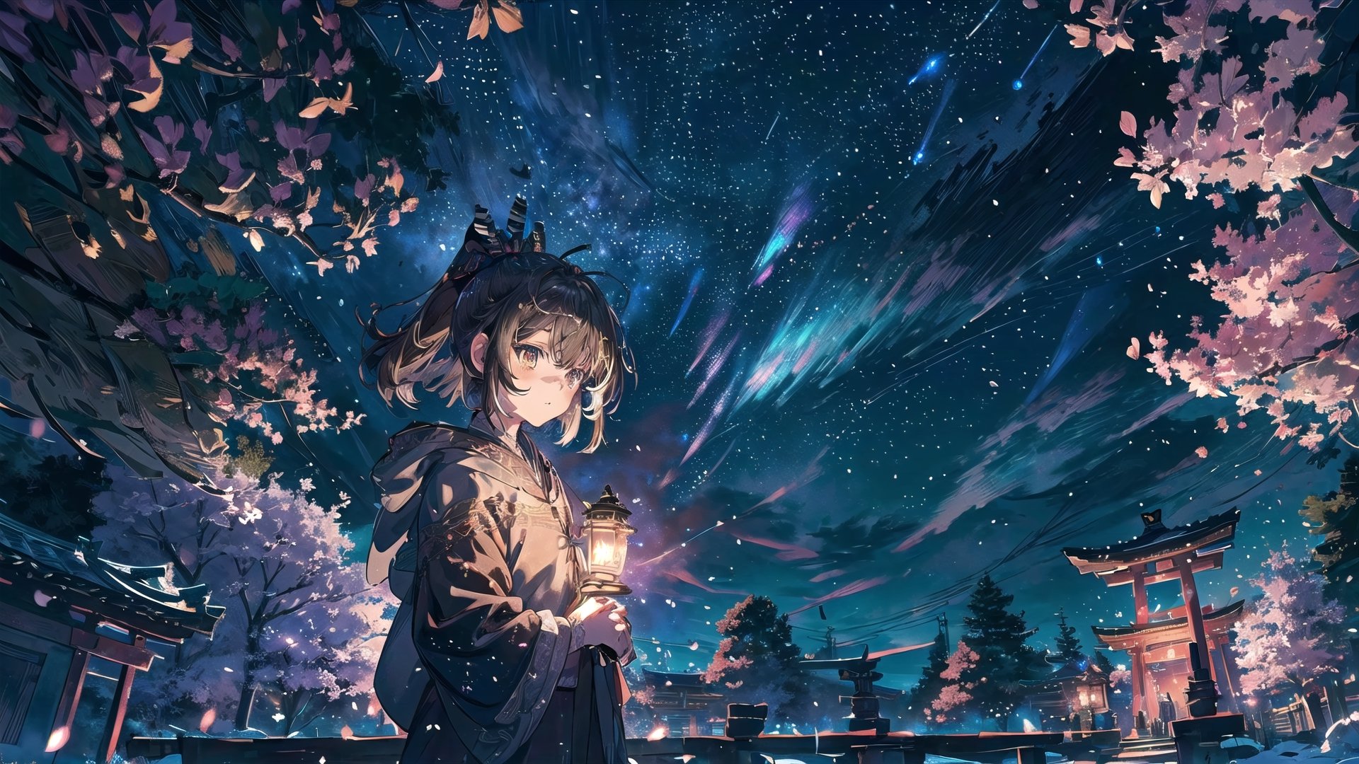 //Quality
(((best quality, 8k wallpaper))), ((detailed eyes, detailed illustration, masterpiece, ultra-detailed)),

//Charater
1girl, solo, Nanashi Mumei, (brown hairs), 
mumeidef,

// Pose
upper body, (dynamic angle), 
looking at viewer, 

// Background
((detailed background)), midjourney, yofukashi background,perfect light, (cherry blossoms), extremely delicate and beautiful, ((background: shrine, night stars iridescent)), ((nightime, detailed stars)), Night view in the shrine, A girl prays in front of a shrine at night, behind her is a row of lanterns and a red torii gate,Detailedface,More Detail, 