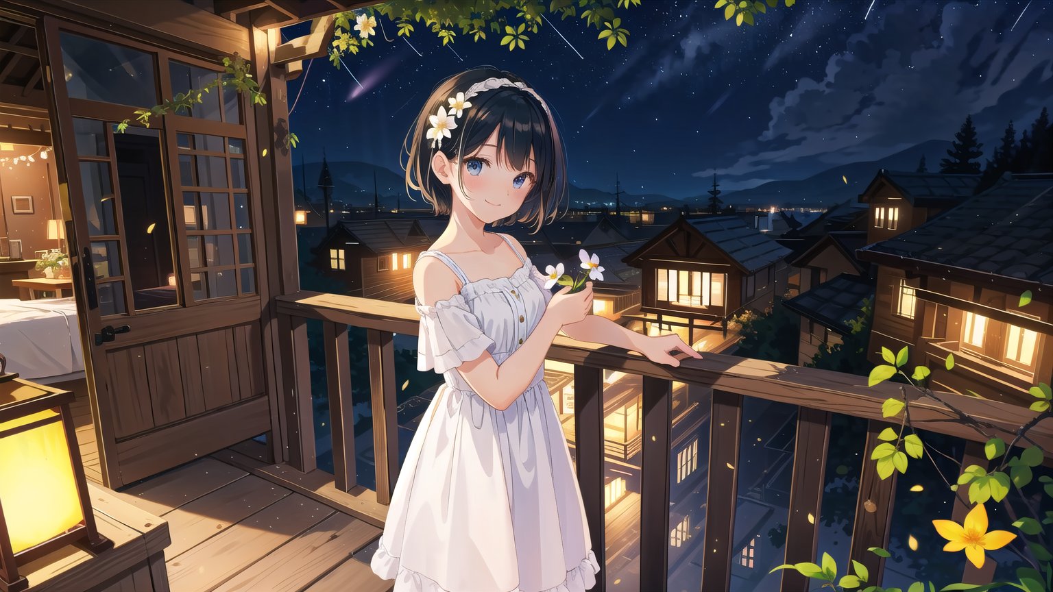 masterpiece, best quality, high quality, extremely detailed CG unity 8k wallpaper, extremely detailed, High Detail, colors, backlight, cute background, dreamy background, ethereal ambiance,

(1girl, solo), looking at viewer, smile, short hair, black hair, hair ornament, dress, flower, outdoors, white dress, own hands together, plant, railing, balcony, (night view:1.5), upper body, standing,

A young girl smiling on a traditional wooden balcony at night, soft warm lighting, greenery in the background, wearing a light-colored dress with a hair accessory, cozy and serene atmosphere, glowing fireflies, starry sky, mystical aura, gently falling petals,