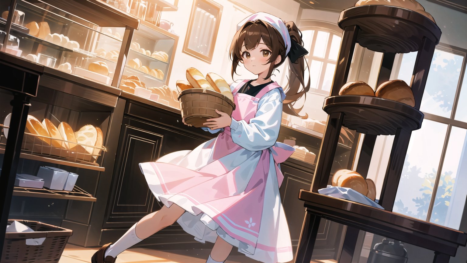 masterpiece, best quality, high quality,extremely detailed CG unity 8k wallpaper, extremely detailed, High Detail, colors, 

(1girl, solo), long hair, looking at viewer, bangs, brown hair, long sleeves, holding, brown eyes, full body, ponytail, food, shoes, socks, indoors, black footwear, apron, white socks, basket, head scarf, 

a young girl wearing a pink apron and white long-sleeve shirt, with a white cloth hat on her head, holding a basket of bread, next to a glass display case in a bakery, cute and focused expression,girl,