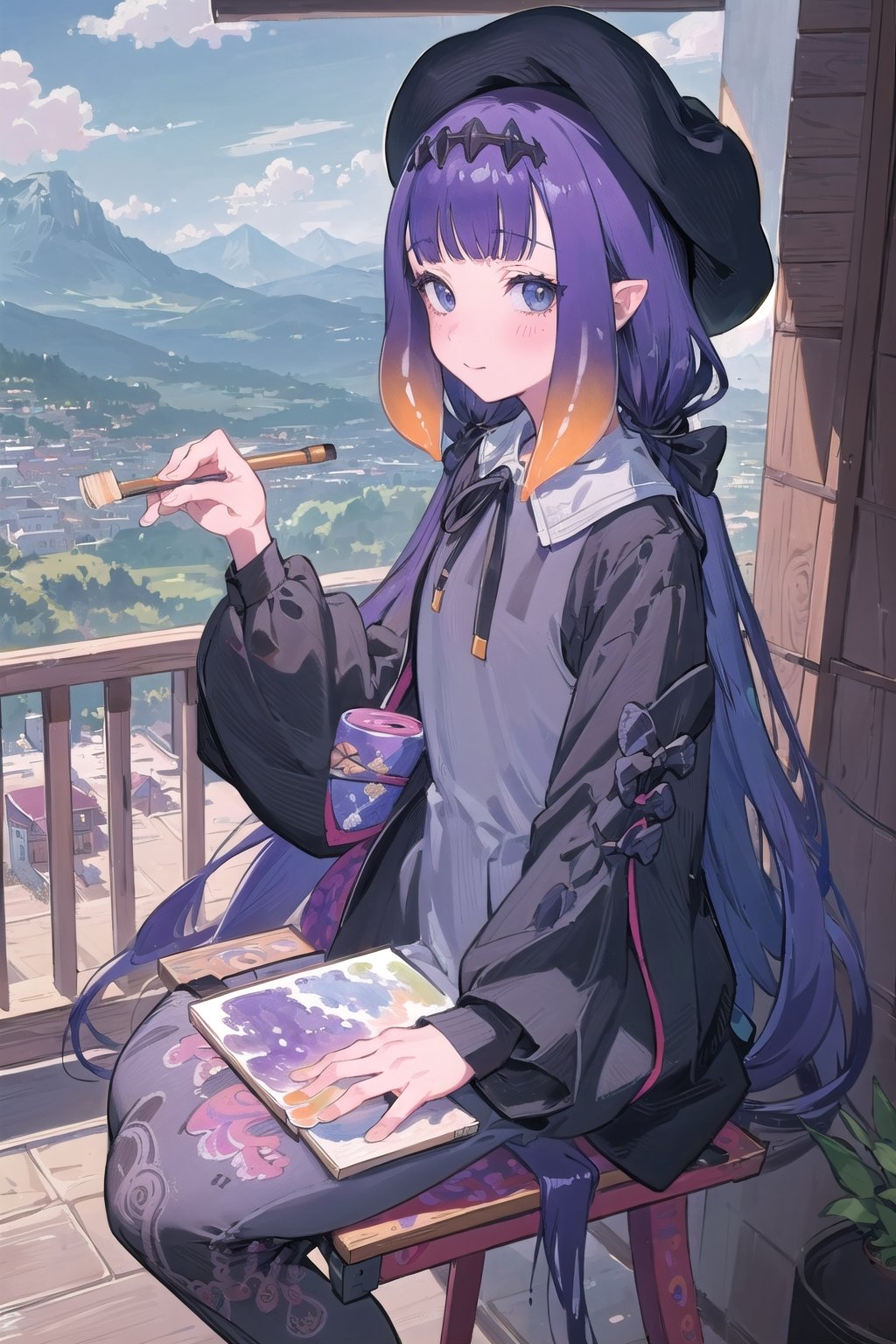 (((best quality, 8k wallpaper))), ((detailed eyes, detailed illustration, masterpiece)),
ninomae ina'nis, inapainter, tentacle hair, long hair, cute grey dress, beret, painting on a easel, holding a paint brush, balcony scenery, blue cloudy sky scenery, plants and flowers, mountains scenery