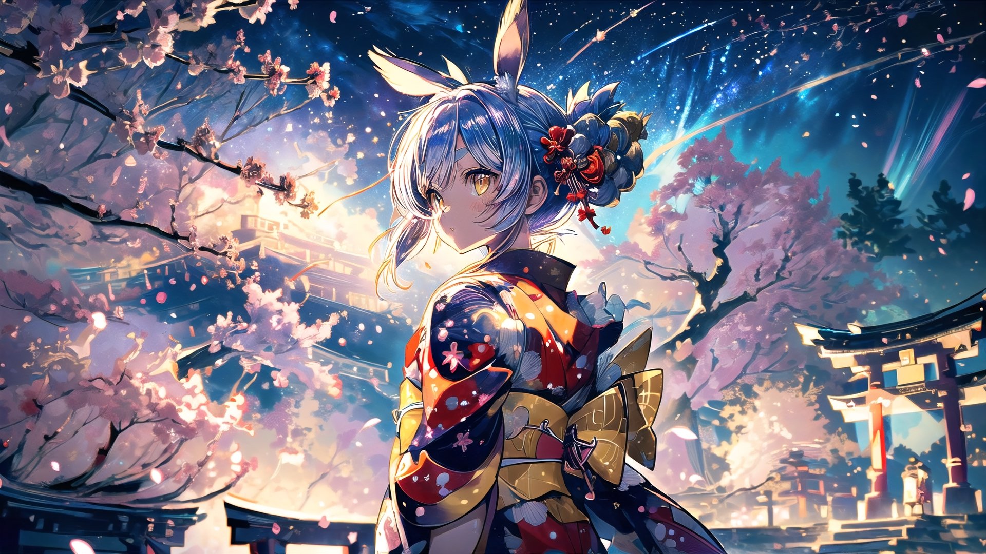 	

//Quality
(((best quality, 8k wallpaper))), ((detailed eyes, detailed illustration, masterpiece, ultra-detailed)),

//Body
(detailed face, (detailed eyes), detailed skin, detailed hair, detailed fabric),
(beautiful detailed eyes, pretty eyelashes, (shiny eyes)), (glossy eyes))), reflective eyes, sparkly eyes, sparkles in eyes),

//Charater
1girl, solo, usada pekora, 
kimono1, (red kimono:1.5), wearing kimono, wearing new year kimono, (Golden yellow eyes:1.5).

// Pose
upper body, looking at viewer, 
dynamic angle, (long shot)

// Background
((detailed background)), midjourney, yofukashi background, (perfect light, cinematic lighting, extreme light and shadow effects), (cherry blossoms, petals floating in the wind,), extremely delicate and beautiful, ((background: shrine, night stars iridescent)), ((nightime, detailed stars, starry sky,)), Night view in the shrine, A girl prays in front of a shrine at night behind her is a row of lanterns and a red torii gate, ,Detailedface,perfect light,More Detail,portrait