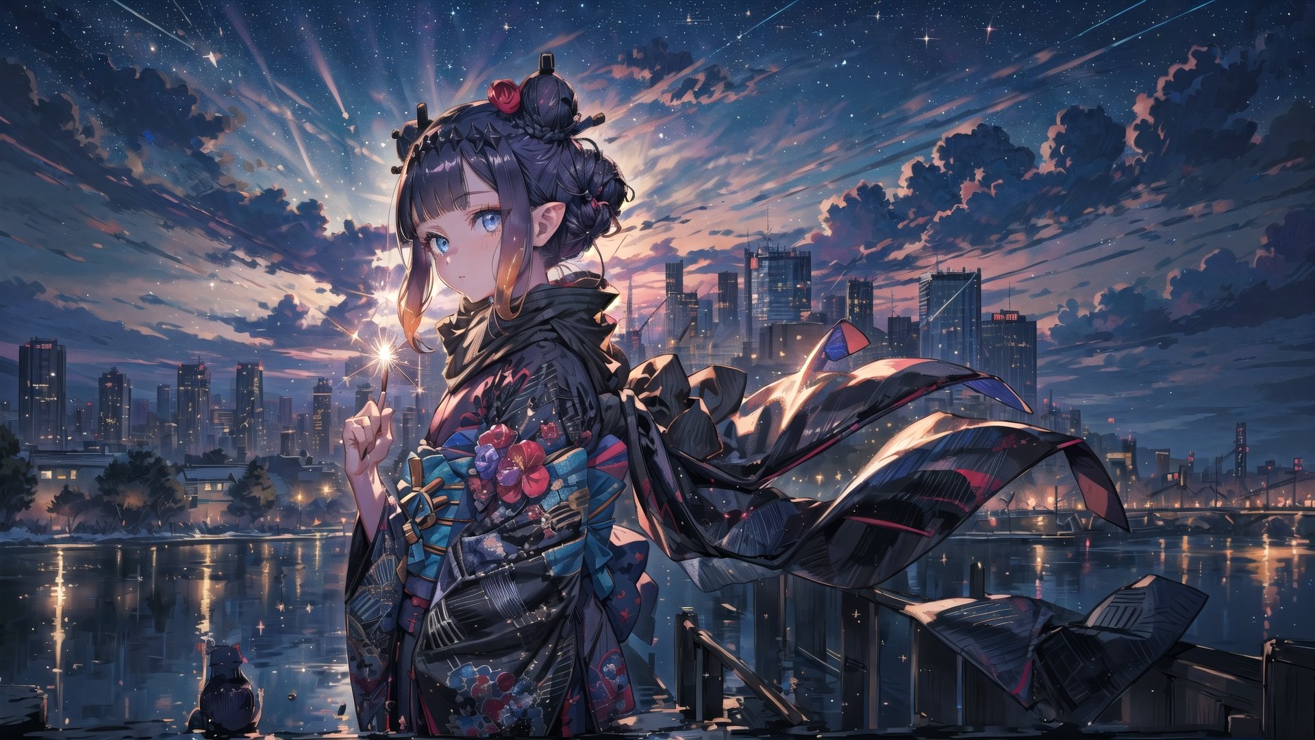 //Quality
(((best quality, 8k wallpaper))), ((detailed eyes, detailed illustration, masterpiece, ultra-detailed)), portrait

//Body
(detailed face, (detailed eyes), detailed skin, detailed hair, detailed fabric, Detailedface),
(beautiful detailed eyes, pretty eyelashes, (shiny eyes), (glossy eyes), reflective eyes, sparkly eyes, sparkles in eyes),

// Charater
1girl, solo, ninomae ina'nis, flat_chest, tiny_chest, (blue eyes), 
wearing kimono, wearing new year kimono,
(inanewyears, haori, print kimono, black scarf, double bun, hair flower,), 

// Pose
upper body, looking at viewer, (facing to viewer, straight-on), 
a girl is standing, a girl with a sparkler in her hand, (a sparkler),
dynamic angle, 

// Background
((detailed background)), reflection, refraction:1.4, ((background: retro city,)), (nightime, detailed stars), Night view in the city, city, skyscrapers, perfect light,
,portrait,octans