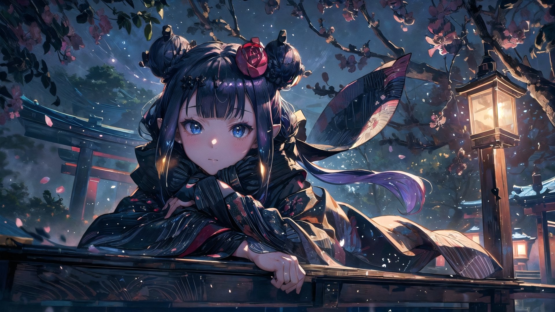 //Quality
(((best quality, 8k wallpaper))), ((detailed illustration, masterpiece, ultra-detailed)), 

//Body
(detailed face, (detailed eyes), detailed skin, detailed hair, detailed fabric),
(beautiful detailed eyes, pretty eyelashes, (shiny eyes)), (glossy eyes))), reflective eyes, sparkly eyes, sparkles in eyes),

//Charater
1girl, solo, ninomae ina'nis, flat_chest, tiny_chest, blue eyes, 
wearing kimono, wearing new year kimono,
(inanewyears, haori, print kimono, black scarf, double bun, hair flower,), 

// Pose
upper body, (dynamic angle), 
looking at viewer, 

// Background
((detailed background)), midjourney, yofukashi background, (perfect light, cinematic lighting, extreme light and shadow effects), (cherry blossoms, petals floating in the wind,), extremely delicate and beautiful, ((background: shrine, night stars iridescent)), ((nightime, detailed stars, starry sky,)), Night view in the shrine, A girl prays in front of a shrine at night, behind her is a row of lanterns and a red torii gate, ((Night, Night view)), 