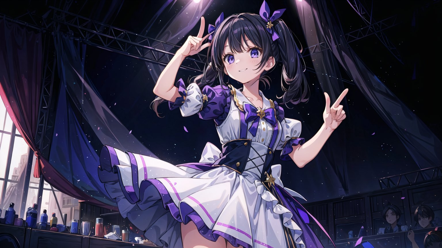 masterpiece, best quality, high quality,extremely detailed CG unity 8k wallpaper, extremely detailed, High Detail, colors, 

(1girl, solo), (idol, idol costume), long hair, black hair, dress, bow, standing, detached sleeves, white dress, hand on hip, curtains, pointing, pointing at self, stage, on stage, 

A young girl wearing a lavish purple dress with puffy sleeves and a layered skirt, Her hair is styled in twin tails with purple bows, The background is a dark blue curtain, She is smiling and posing cutely, 