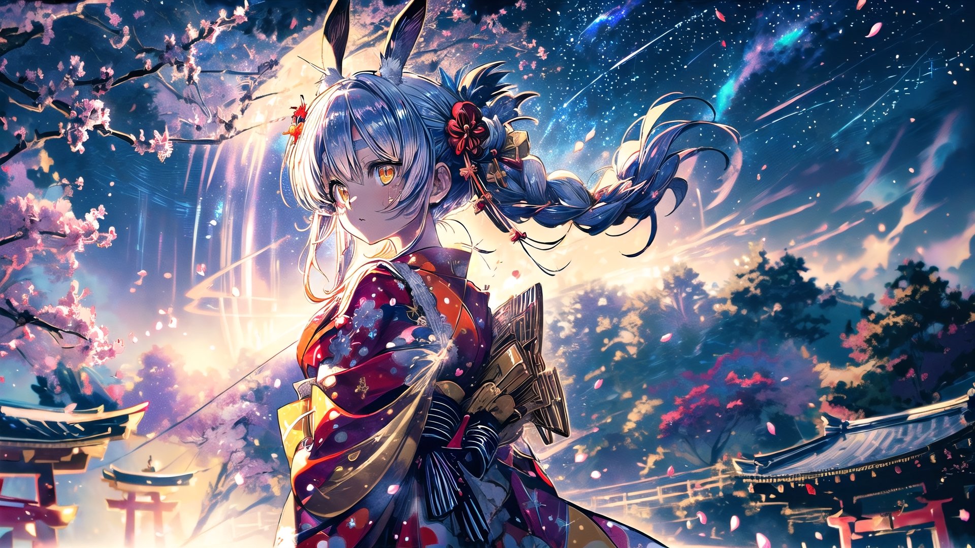 	

//Quality
(((best quality, 8k wallpaper))), ((detailed eyes, detailed illustration, masterpiece, ultra-detailed)),

//Body
(detailed face, (detailed eyes), detailed skin, detailed hair, detailed fabric),
(beautiful detailed eyes, pretty eyelashes, (shiny eyes)), (glossy eyes))), reflective eyes, sparkly eyes, sparkles in eyes),

//Charater
1girl, solo, usada pekora, 
kimono1, (red kimono:1.5), wearing kimono, wearing new year kimono, (Golden yellow eyes:1.5).

// Pose
upper body, looking at viewer, 
dynamic angle, (long shot)

// Background
((detailed background)), midjourney, yofukashi background, (perfect light, cinematic lighting, extreme light and shadow effects), (cherry blossoms, petals floating in the wind,), extremely delicate and beautiful, ((background: shrine, night stars iridescent)), ((nightime, detailed stars, starry sky,)), Night view in the shrine, A girl prays in front of a shrine at night behind her is a row of lanterns and a red torii gate, ,Detailedface,perfect light,More Detail,portrait