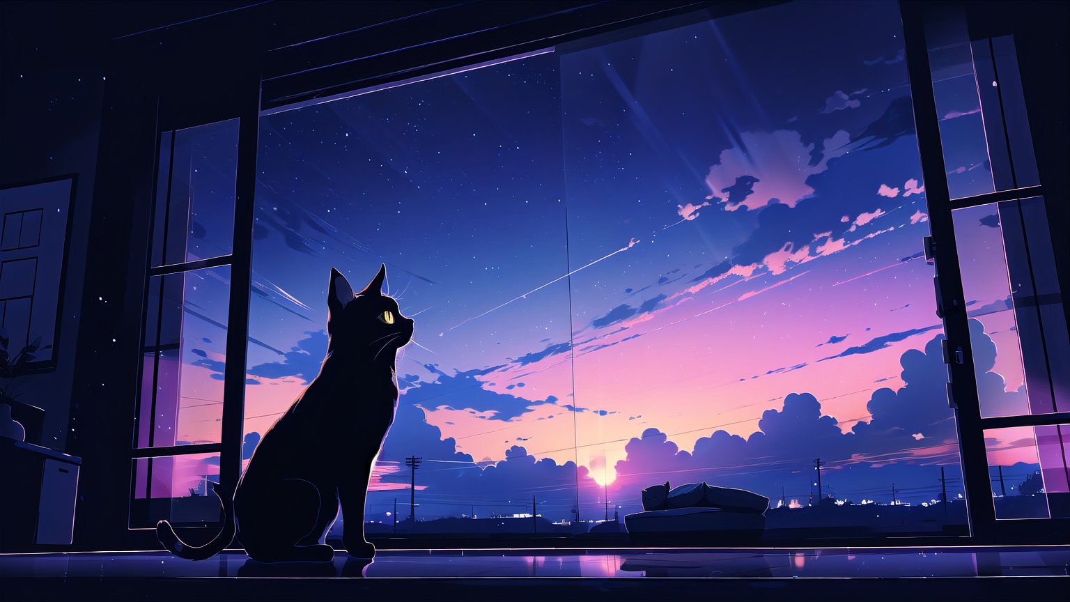 masterpiece, best quality, high quality, backlight, (midjourney), midjourney style, anime style, wallpaper, blue tone, blue background, 

(cat, a black cat, cute, (silhouette)), sitting, sky, cloud, indoors, (no humans:1.5), window, cloudy sky, curtains, scenery, blue sky, open window, windowsill,

A black cat sitting by the window, looking out at a sky transitioning from bright daytime with fluffy white clouds, through a twilight sky with pink and purple hues, to a night sky full of stars and dark clouds, curtains gently framing the view, soft light transitioning from day to night