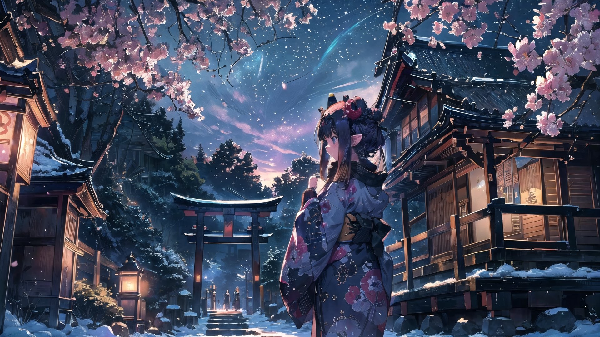 //Quality
(((best quality, 8k wallpaper))), ((detailed eyes, detailed illustration, masterpiece, ultra-detailed)),

//Charater
1girl, solo, ninomae ina'nis, flat_chest, tiny_chest,
inanewyears, haori, print kimono, black scarf, double bun, hair flower

// Background
((detailed background)), midjourney, yofukashi background,perfect light, (cherry blossoms), extremely delicate and beautiful, ((background: shrine, night stars iridescent)), ((nightime, detailed stars)), Night view in the shrine, A girl prays in front of a shrine at night, behind her is a row of lanterns and a red torii gate