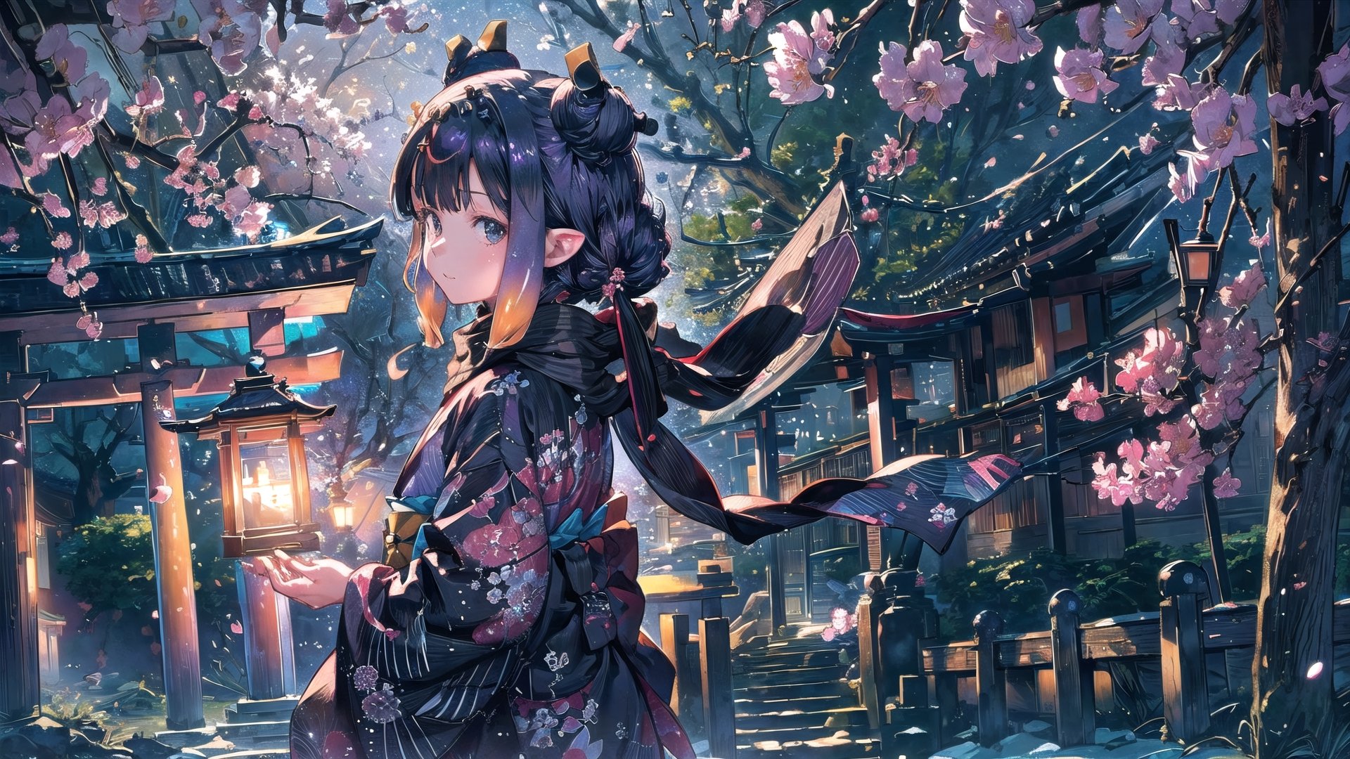 //Quality
(((best quality, 8k wallpaper))), ((detailed eyes, detailed illustration, masterpiece, ultra-detailed)),

//Charater
1girl, solo, ninomae ina'nis, flat_chest, tiny_chest,
inanewyears, haori, print kimono, black scarf, double bun, hair flower

// Background
((detailed background)), midjourney, yofukashi background,perfect light, (cherry blossoms), extremely delicate and beautiful, ((background: shrine, night stars iridescent)), ((nightime, detailed stars)), Night view in the shrine, A girl prays in front of a shrine at night, behind her is a row of lanterns and a red torii gate