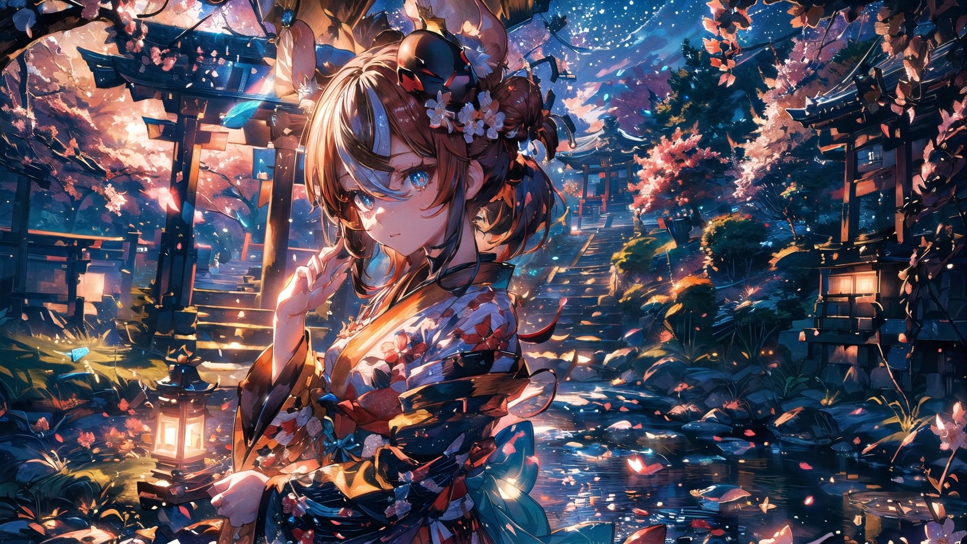 //Quality
(((best quality, 8k wallpaper))), ((detailed illustration, masterpiece, ultra-detailed)), 

//Body
(detailed face, (detailed eyes), detailed skin, detailed hair, detailed fabric),
(beautiful detailed eyes, pretty eyelashes, (shiny eyes)), (glossy eyes))), reflective eyes, sparkly eyes, sparkles in eyes),

//Charater
1girl, solo, Hakos Baelz,
BaelzNewYears, long hair, hair bun, hair flower, kimono, obi, mask on head, thighhighs, 

// Pose
upper body, looking at viewer, 
dynamic angle, (low angle), (mid shot, medium shot, medium long shot), 

// Background
((detailed background)), midjourney, yofukashi background, (perfect light, cinematic lighting, extreme light and shadow effects), (cherry blossoms, petals floating in the wind,), extremely delicate and beautiful, ((background: shrine, night stars iridescent)), ((nightime, detailed stars, starry sky,)), Night view in the shrine, A girl prays in front of a shrine at night behind her is a row of lanterns and a red torii gate, ,More Detail