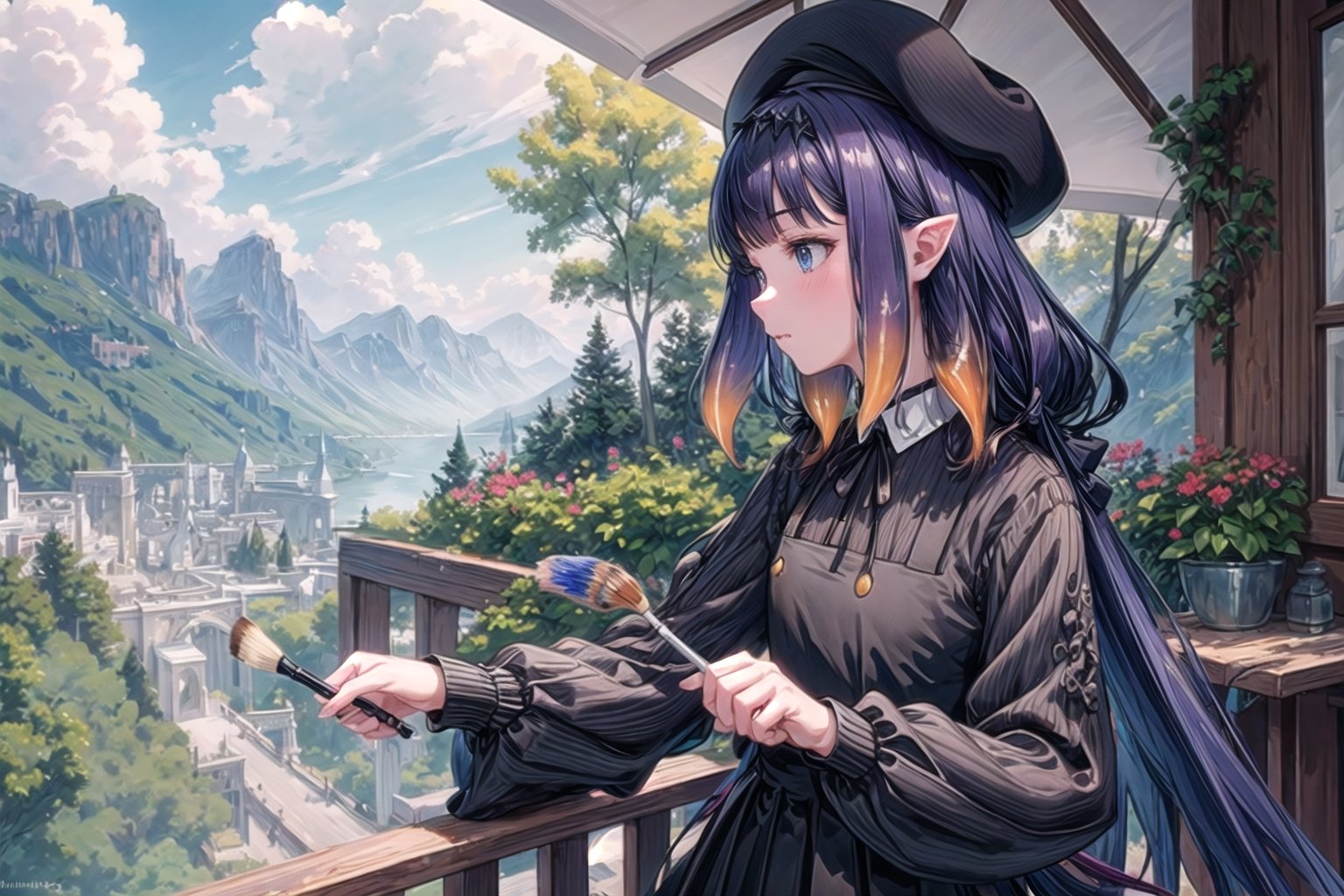 //Quality
(((best quality, 8k wallpaper))), ((detailed eyes, detailed illustration, masterpiece, ultra-detailed)),

//Charater
1girl, solo, ninomae ina'nis, bangs, inapainter, pinafore dress, beret, pantyhose

// Pose
profile, in_profile, upper body, (dynamic angle), painting on a easel, holding a paint brush, 

// Background
balcony scenery, blue cloudy sky scenery, plants and flowers, mountains scenery