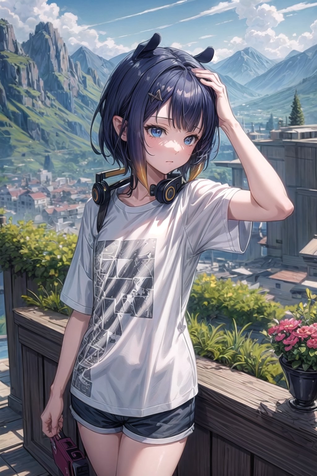 //Quality
(((best quality, 8k wallpaper))), ((detailed eyes, detailed illustration, masterpiece, ultra-detailed)),

//Charater
1girl, solo, ninomae ina'nis, bangs, inacasual, white t-shirt, short shorts, short hair, headphones

// Pose
profile, in_profile, upper body, (dynamic angle), 

// Background
balcony scenery, blue cloudy sky scenery, plants and flowers, mountains scenery