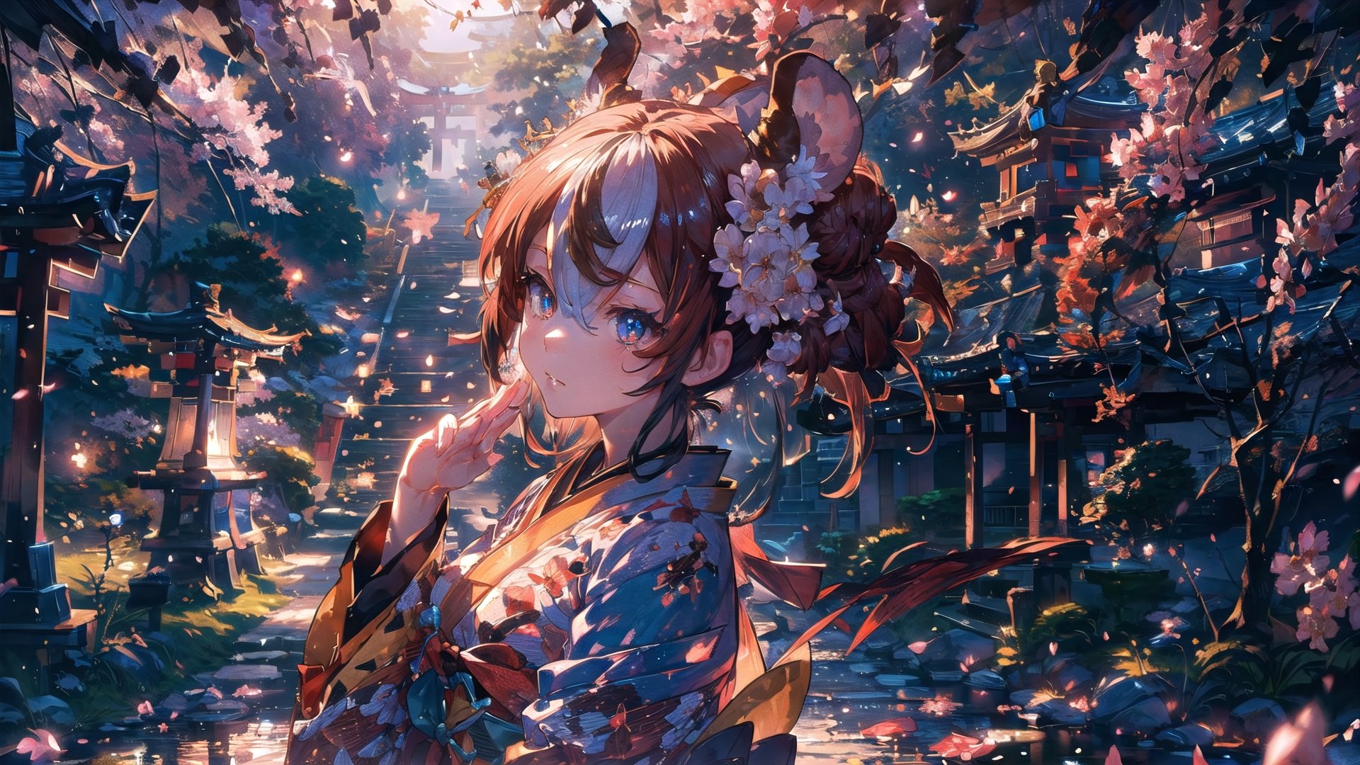 //Quality
(((best quality, 8k wallpaper))), ((detailed illustration, masterpiece, ultra-detailed)), 

//Body
(detailed face, (detailed eyes), detailed skin, detailed hair, detailed fabric),
(beautiful detailed eyes, pretty eyelashes, (shiny eyes)), (glossy eyes))), reflective eyes, sparkly eyes, sparkles in eyes),

//Charater
1girl, solo, Hakos Baelz,
BaelzNewYears, long hair, hair bun, hair flower, kimono, obi, mask on head, thighhighs, 

// Pose
upper body, looking at viewer, 
dynamic angle, (low angle), (mid shot, medium shot, medium long shot), 

// Background
((detailed background)), midjourney, yofukashi background, (perfect light, cinematic lighting, extreme light and shadow effects), (cherry blossoms, petals floating in the wind,), extremely delicate and beautiful, ((background: shrine, night stars iridescent)), ((nightime, detailed stars, starry sky,)), Night view in the shrine, A girl prays in front of a shrine at night behind her is a row of lanterns and a red torii gate, ,More Detail