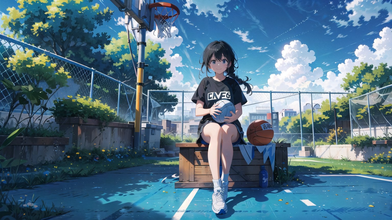 masterpiece, best quality, high quality, extremely detailed CG unity 8k wallpaper, extremely detailed, High Detail, colors, 

(1girl, solo), long hair, smile, black hair, holding, sitting, full body, braid, short sleeves, outdoors, sky, day, cloud, blue sky, white footwear, building, sneakers, ball, basketball,

A young girl sitting on an outdoor basketball court, holding a basketball, She is wearing black sportswear and white sneakers, smiling happily, The background features a clear blue sky and some buildings, creating a relaxed and cheerful athletic atmosphere,girl