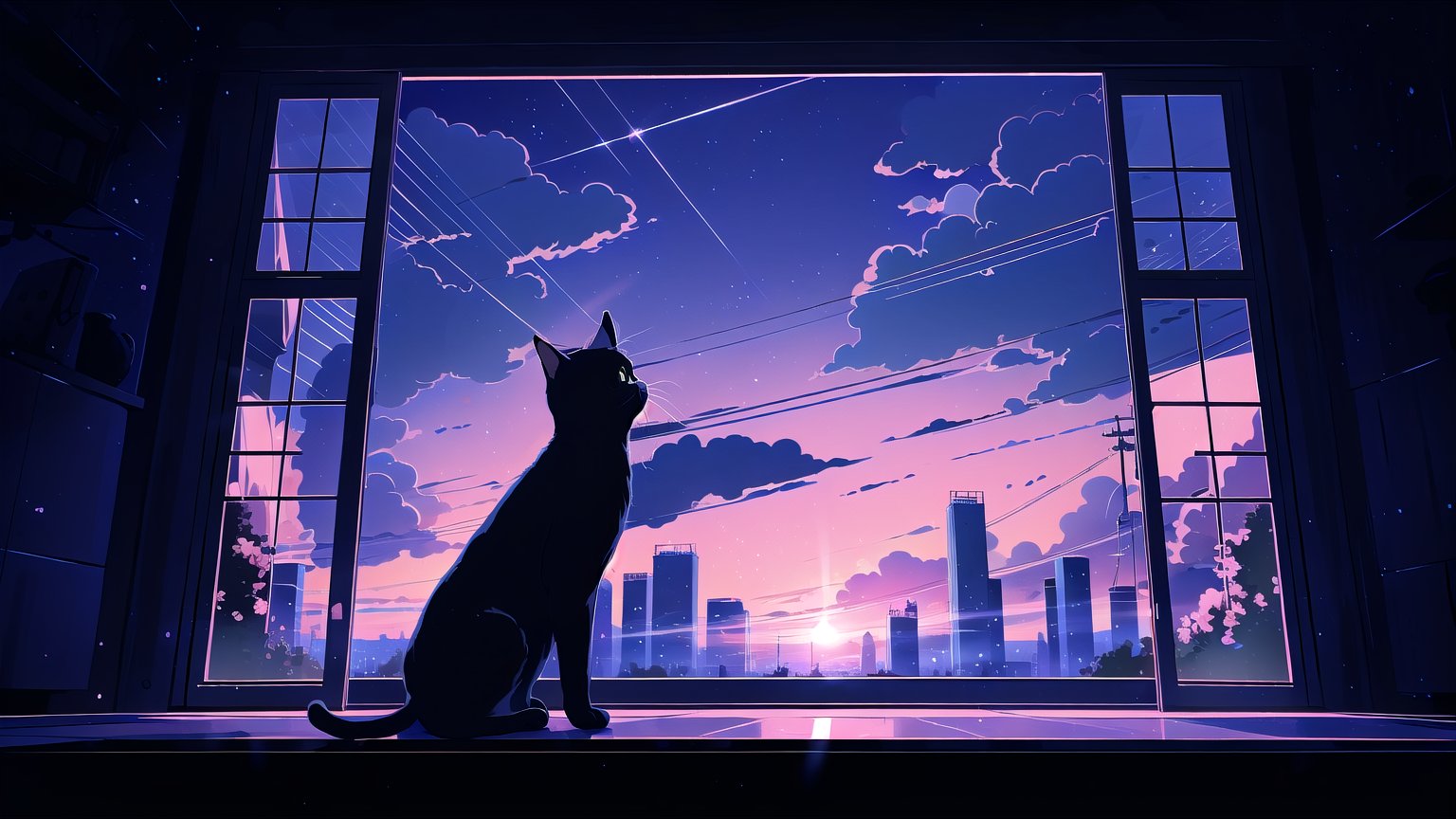 masterpiece, best quality, high quality, backlight, (midjourney), midjourney style, anime style, wallpaper, blue tone, blue background, 

(cat, a black cat, cute, (silhouette)), sitting, sky, cloud, indoors, (no humans:1.5), window, cloudy sky, curtains, scenery, blue sky, open window, windowsill,

A black cat sitting by the window, looking out at a sky transitioning from bright daytime with fluffy white clouds, through a twilight sky with pink and purple hues, to a night sky full of stars and dark clouds, curtains gently framing the view, soft light transitioning from day to night