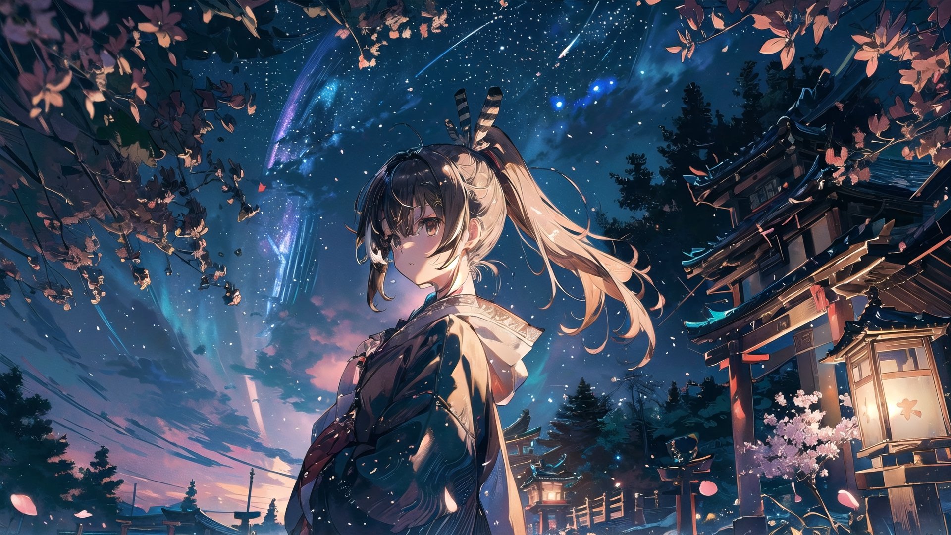 //Quality
(((best quality, 8k wallpaper))), ((detailed eyes, detailed illustration, masterpiece, ultra-detailed)),

//Charater
1girl, solo, Nanashi Mumei, (brown hairs), 
mumeidef,

// Pose
upper body, (dynamic angle), 
looking at viewer, 

// Background
((detailed background)), midjourney, yofukashi background,perfect light, (cherry blossoms), extremely delicate and beautiful, ((background: shrine, night stars iridescent)), ((nightime, detailed stars)), Night view in the shrine, A girl prays in front of a shrine at night, behind her is a row of lanterns and a red torii gate,Detailedface,More Detail