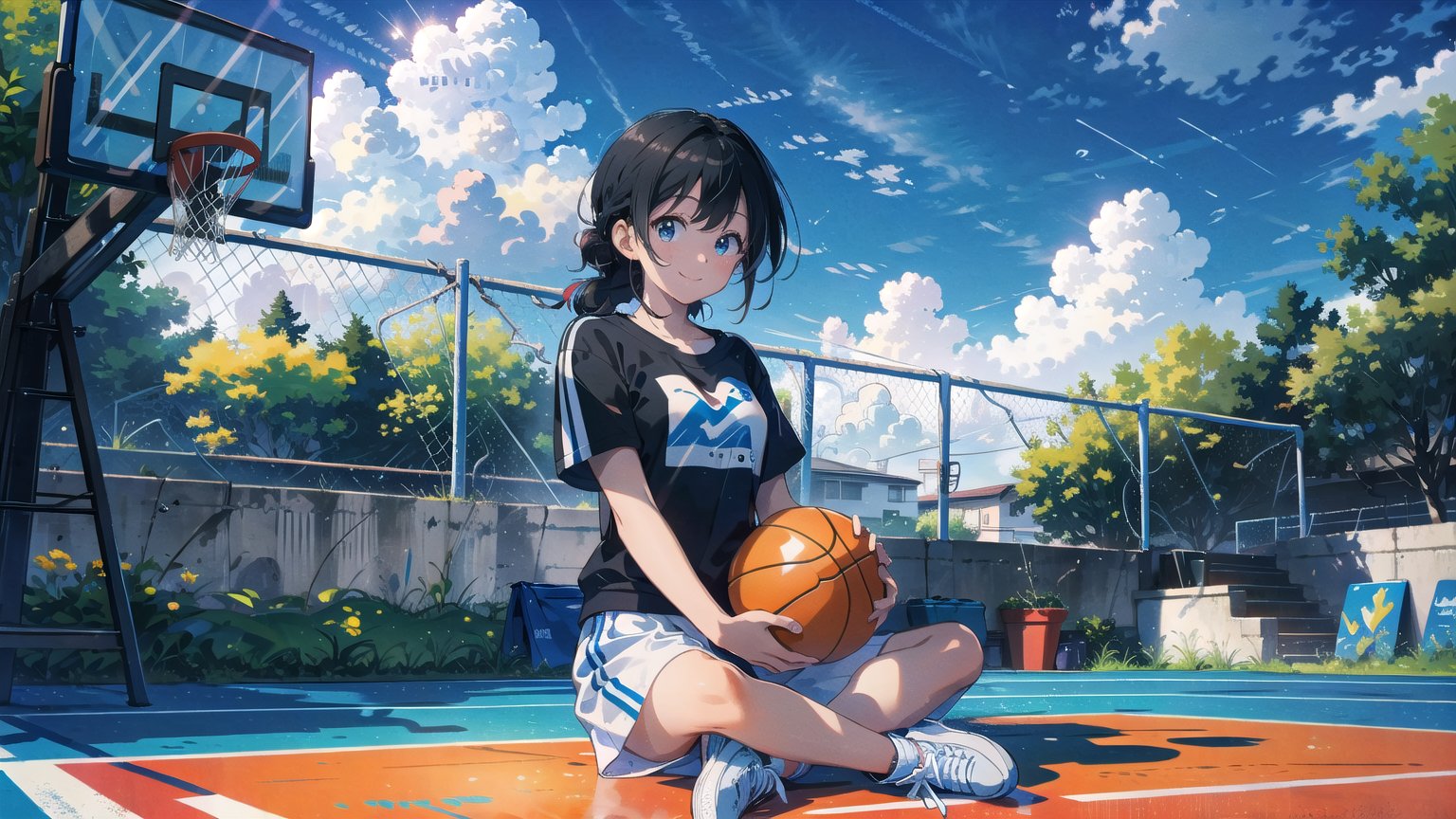 masterpiece, best quality, high quality, extremely detailed CG unity 8k wallpaper, extremely detailed, High Detail, colors, 

(1girl, solo), long hair, smile, black hair, holding, sitting, full body, braid, short sleeves, outdoors, sky, day, cloud, blue sky, white footwear, building, sneakers, ball, basketball,

A young girl sitting on an outdoor basketball court, holding a basketball, She is wearing black sportswear and white sneakers, smiling happily, The background features a clear blue sky and some buildings, creating a relaxed and cheerful athletic atmosphere,girl