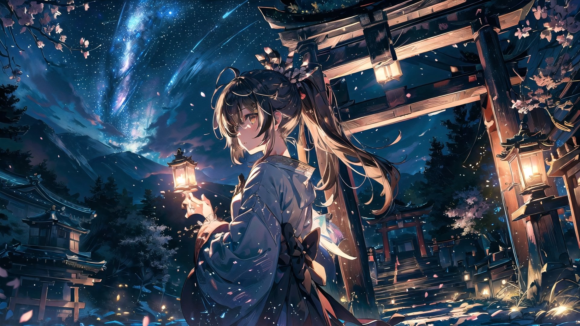 //Quality
(((best quality, 8k wallpaper))), ((detailed eyes, detailed illustration, masterpiece, ultra-detailed)),

//Charater
1girl, solo, Nanashi Mumei, (brown hairs), 
mumeidef,

// Pose
upper body, (dynamic angle), 
looking at viewer, 

// Background
((detailed background)), midjourney, yofukashi background,perfect light, (cherry blossoms), extremely delicate and beautiful, ((background: shrine, night stars iridescent)), ((nightime, detailed stars)), Night view in the shrine, A girl prays in front of a shrine at night, behind her is a row of lanterns and a red torii gate,Detailedface,More Detail