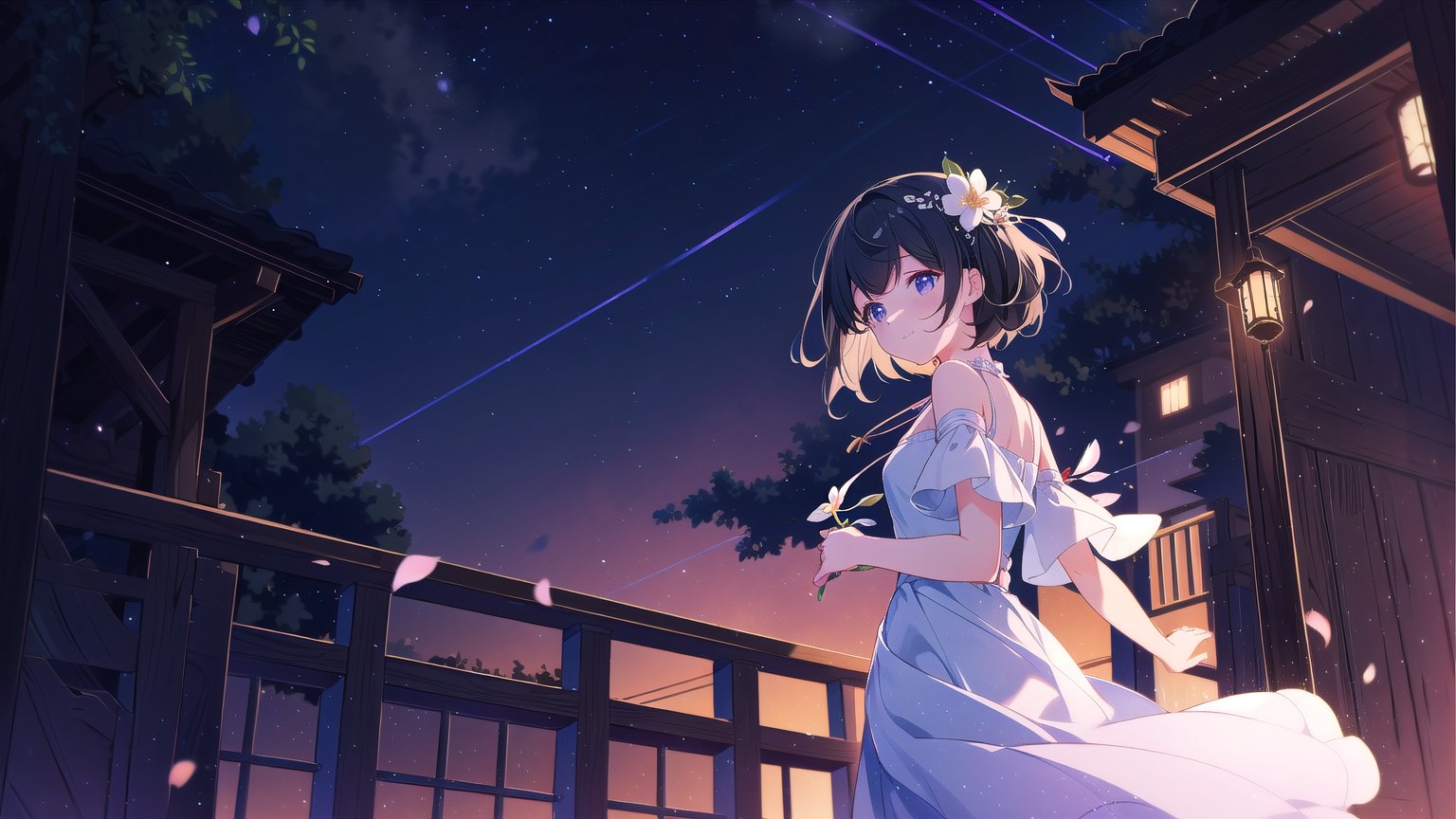 masterpiece, best quality, high quality, extremely detailed CG unity 8k wallpaper, extremely detailed, High Detail, colors, backlight, cute background, dreamy background, ethereal ambiance,

(1girl, solo), looking at viewer, smile, short hair, black hair, hair ornament, dress, flower, outdoors, white dress, own hands together, plant, railing, balcony, (night view:1.5), upper body, standing,

A young girl smiling on a traditional wooden balcony at night, soft warm lighting, greenery in the background, wearing a light-colored dress with a hair accessory, cozy and serene atmosphere, glowing fireflies, starry sky, mystical aura, gently falling petals,