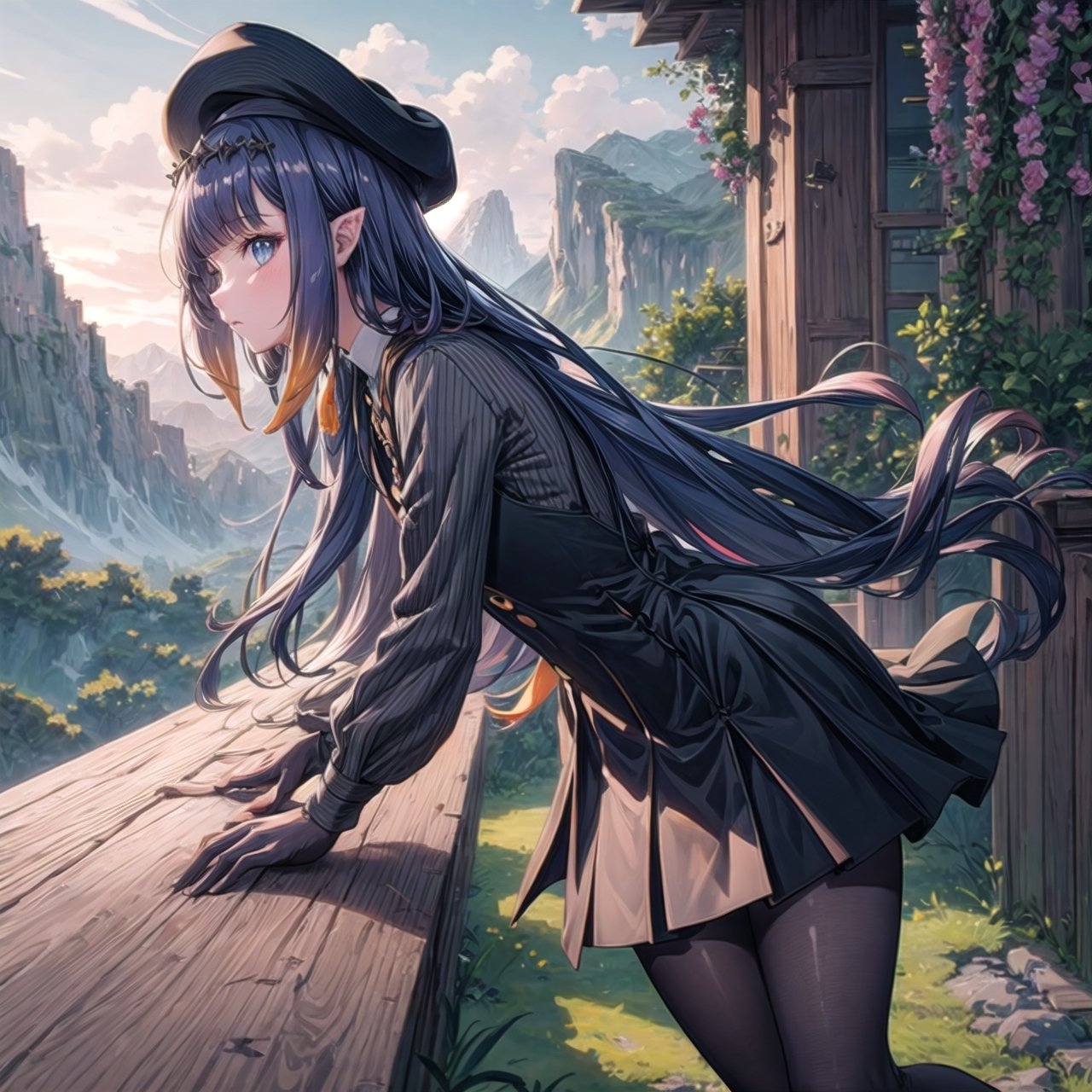 //Quality
(((best quality, 8k wallpaper))), ((detailed eyes, detailed illustration, masterpiece, ultra-detailed)),

//Charater
1girl, solo, ninomae ina'nis, bangs, inapainter, pinafore dress, beret, pantyhose

// Pose
profile, in_profile, upper body, (dynamic angle), 

// Background
balcony scenery, blue cloudy sky scenery, plants and flowers, mountains scenery
