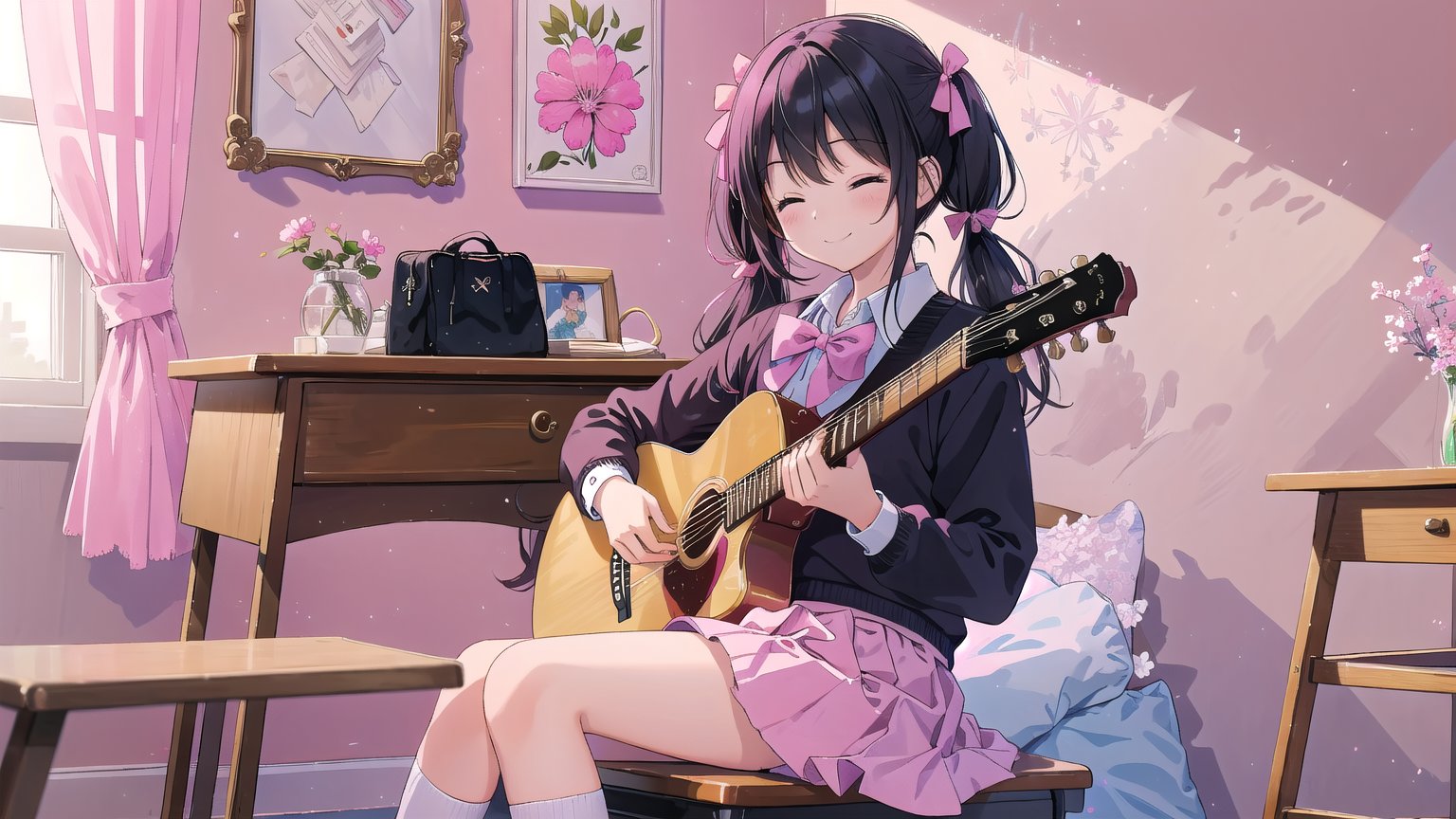 masterpiece, best quality, high quality, extremely detailed CG unity 8k wallpaper, extremely detailed, High Detail, vibrant colors, backlight, photo background, pink tones,

(1girl, solo), long hair, smile, bangs, skirt, black hair, bow, twintails, sitting, school uniform, closed eyes, indoors, low twintails, pink bow, instrument, desk, music, guitar, playing instrument, electric guitar, acoustic guitar

A girl in a school uniform sitting in a pink classroom, playing a pink guitar. The room is decorated with pink tones, a painting of smiling flowers on the wall, and plush toys in the corner,