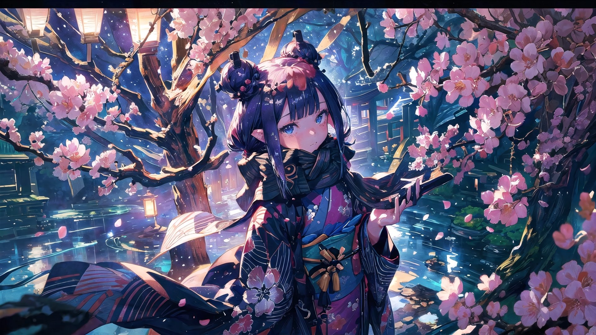 //Quality
(((best quality, 8k wallpaper))), ((detailed illustration, masterpiece, ultra-detailed)), 

//Body
(detailed face, (detailed eyes), detailed skin, detailed hair, detailed fabric),
(beautiful detailed eyes, pretty eyelashes, (shiny eyes)), (glossy eyes))), reflective eyes, sparkly eyes, sparkles in eyes),

//Charater
1girl, solo, ninomae ina'nis, flat_chest, tiny_chest, blue eyes, 
wearing kimono, wearing new year kimono,
(inanewyears, haori, print kimono, black scarf, double bun, hair flower,), 

// Pose
upper body, (dynamic angle), 
looking at viewer, 

// Background
((detailed background)), midjourney, yofukashi background, (perfect light, cinematic lighting, extreme light and shadow effects), (cherry blossoms, petals floating in the wind,), extremely delicate and beautiful, ((background: shrine, night stars iridescent)), ((nightime, detailed stars, starry sky,)), Night view in the shrine, A girl prays in front of a shrine at night, behind her is a row of lanterns and a red torii gate, ((Night, Night view)), 