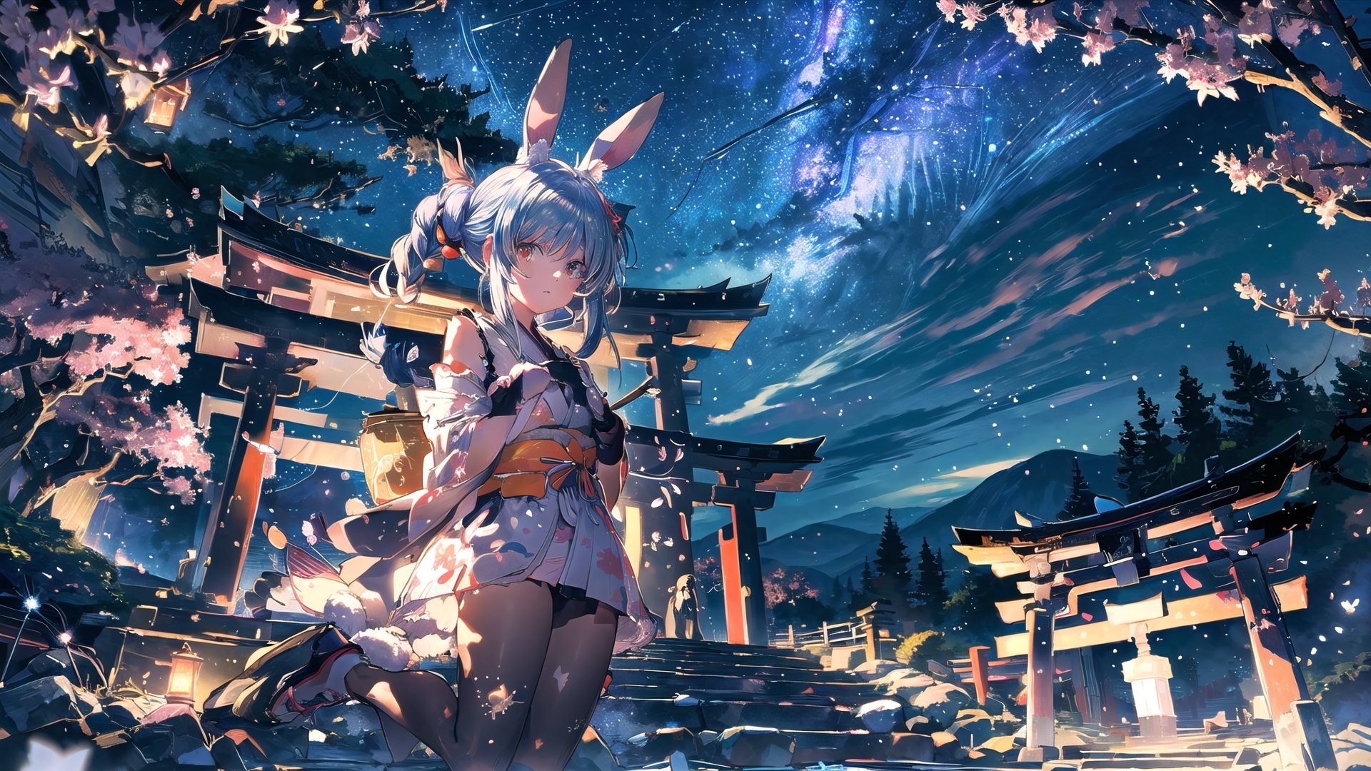 //Quality
(((best quality, 8k wallpaper))), ((detailed eyes, detailed illustration, masterpiece, ultra-detailed)),

//Charater
1girl, solo, usada pekora, kimono1, 

// Pose
upper body, (dynamic angle), 
looking at viewer, 

// Background
((detailed background)), midjourney, yofukashi background,perfect light, (cherry blossoms), extremely delicate and beautiful, ((background: shrine, night stars iridescent)), ((nightime, detailed stars)), Night view in the shrine, A girl prays in front of a shrine at night, behind her is a row of lanterns and a red torii gate