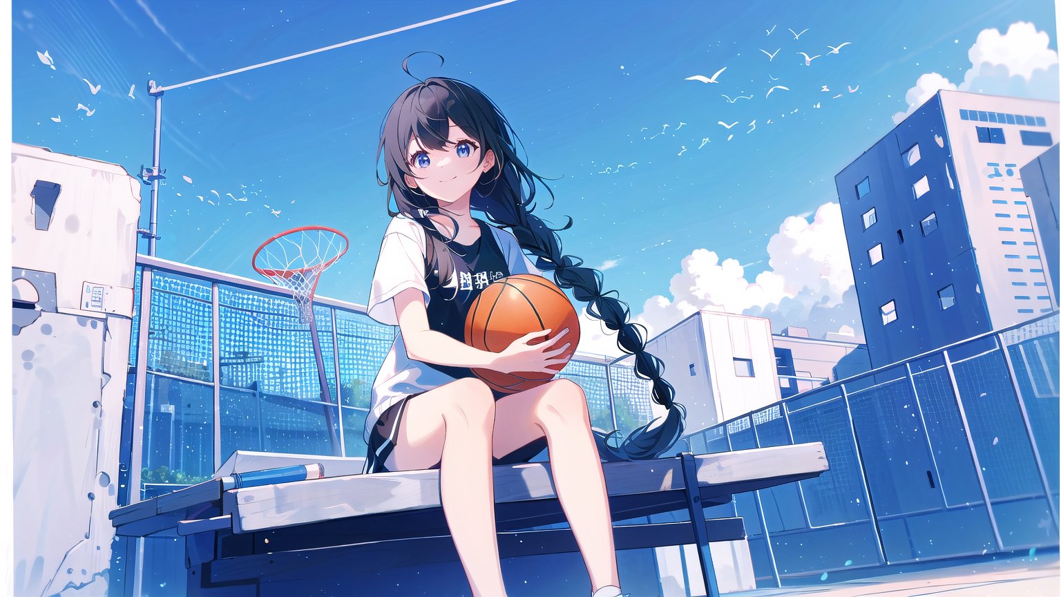 masterpiece, best quality, high quality, extremely detailed CG unity 8k wallpaper, extremely detailed, High Detail, colors, 

(1girl, solo), long hair, smile, black hair, holding, sitting, full body, braid, short sleeves, outdoors, sky, day, cloud, blue sky, white footwear, building, sneakers, ball, basketball,

A young girl sitting on an outdoor basketball court, holding a basketball, She is wearing black sportswear and white sneakers, smiling happily, The background features a clear blue sky and some buildings, creating a relaxed and cheerful athletic atmosphere,girl