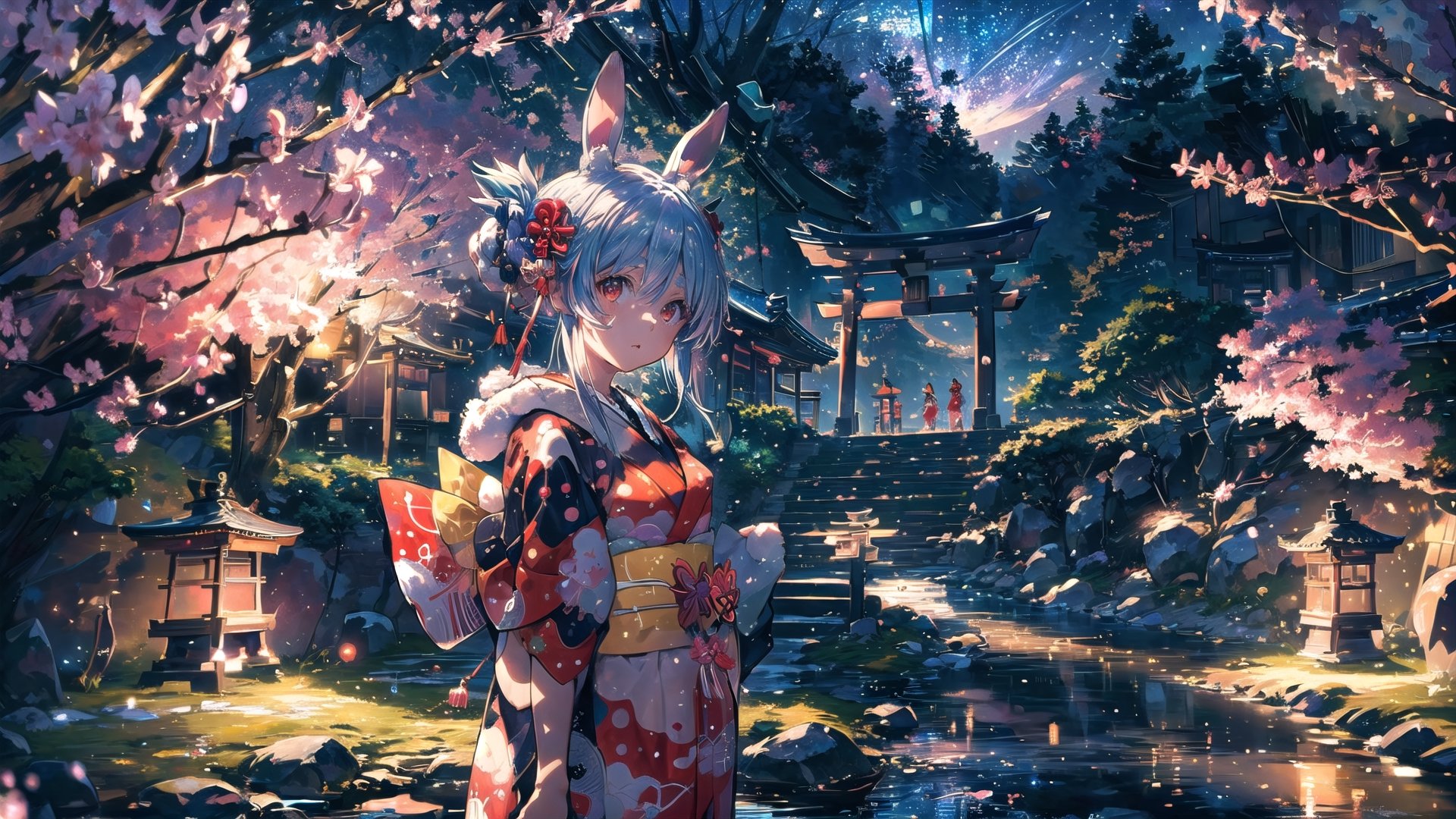 //Quality
(((best quality, 8k wallpaper))), ((detailed eyes, detailed illustration, masterpiece, ultra-detailed)),

//Charater
1girl, solo, usada pekora, 
kimono1, (red kimono:1.5), wearing kimono, wearing new year kimono, 

// Pose
upper body, (dynamic angle), 
looking at viewer, 

// Background
((detailed background)), midjourney, yofukashi background,perfect light, (cherry blossoms), extremely delicate and beautiful, ((background: shrine, night stars iridescent)), ((nightime, detailed stars)), Night view in the shrine, A girl prays in front of a shrine at night, behind her is a row of lanterns and a red torii gate