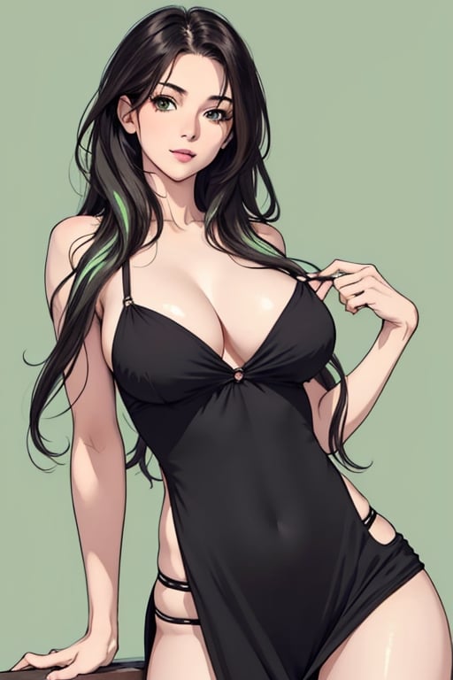 looking at viewer,large breasts,streaked hair,photo,realistic,masterpiece,best quality,super detail,1girl,midium length hair,green eyes,soft coler background,wavy hair ,perpect body,4k, minimal sexy black dress, sexy pose.