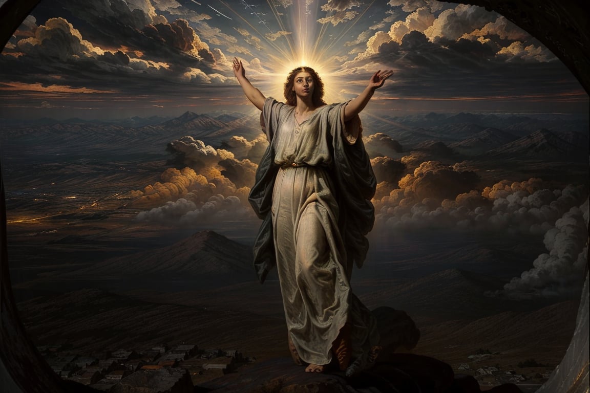 A celestial figure clad in shimmering robes stands atop a mountain peak at dusk, with clouds of apocalyptic orange and crimson hues gathering behind. The messenger's arms outstretched, palms facing the heavens as they gaze down upon the mortal realm below. A halo of golden light surrounds their head, illuminating their solemn expression. In the distance, cities and towns are shrouded in a thick, gray mist, symbolizing the impending doom.,renaissance,photorealistic