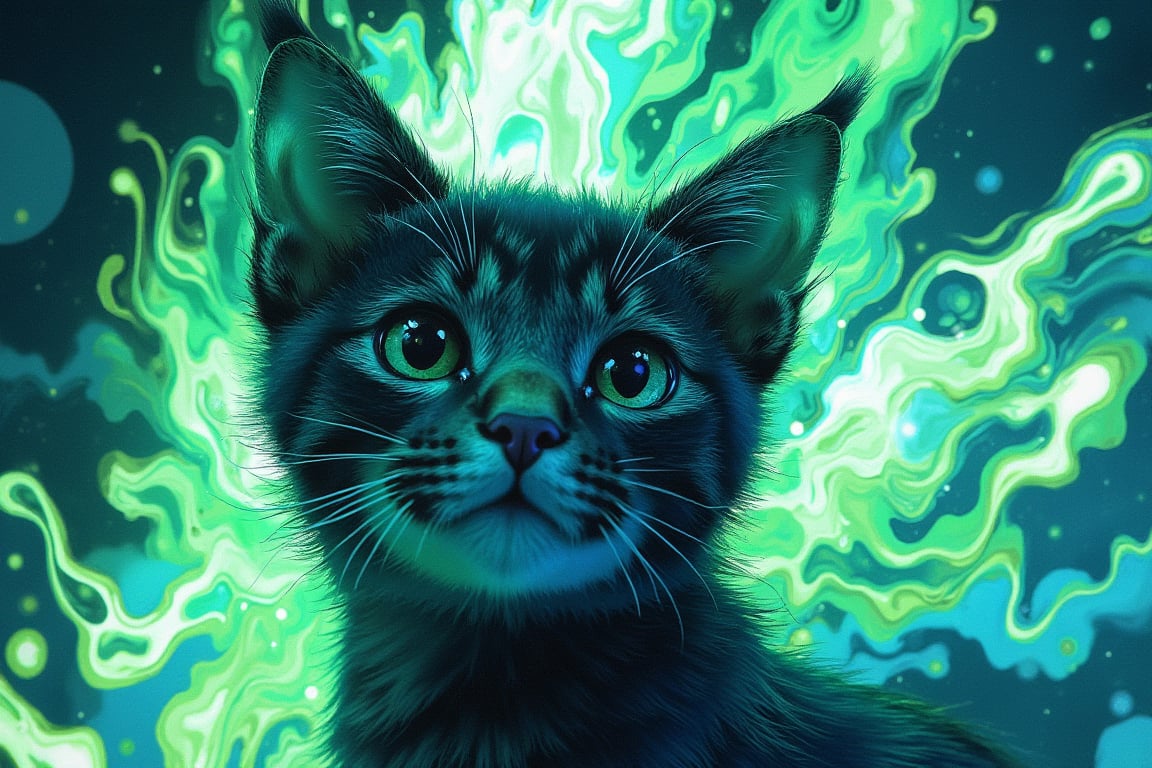 A photo of a cat with airplane ears, set against a background of swirling, vibrant ink splats in neon greens and blues. The close-up portrait emphasizes the cat's alert expression, with ink splats merging into the fur, creating a striking, modern visual.|| detailed  face| anime style| key visual| intricate detail| highly detailed| breathtaking| vibrant| panoramic| cinematic| Carne Griffiths| Conrad Roset| ghibli,DOUBLE EXPOSURE,digital artwork by Beksinski