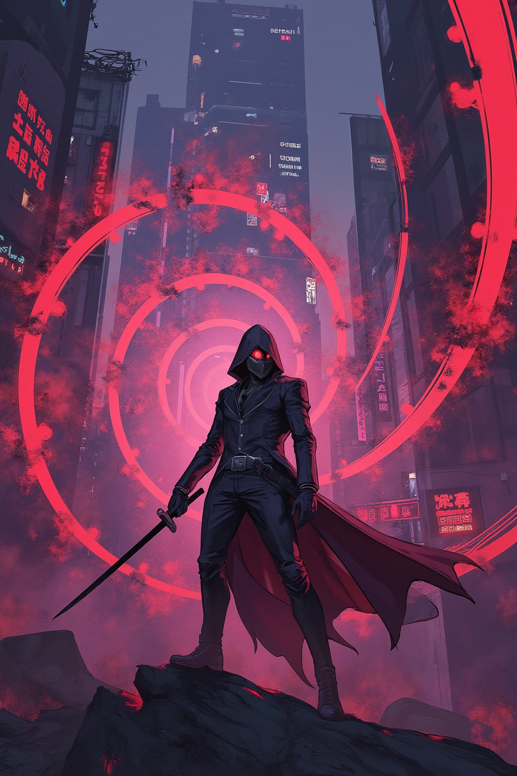 A mesmerizing masterpiece of anime artistry! In a sweeping spiral arrangement, cyberpunk-style panels unfold like a futuristic mandala. Amidst the neon-drenched haze, an assassin in sleek suit and scorching hot surroundings wields a deadly blade, as if conjuring steam from the humid air. Mafia-inspired intensity radiates from their gaze, shrouded in shadowed mystery.