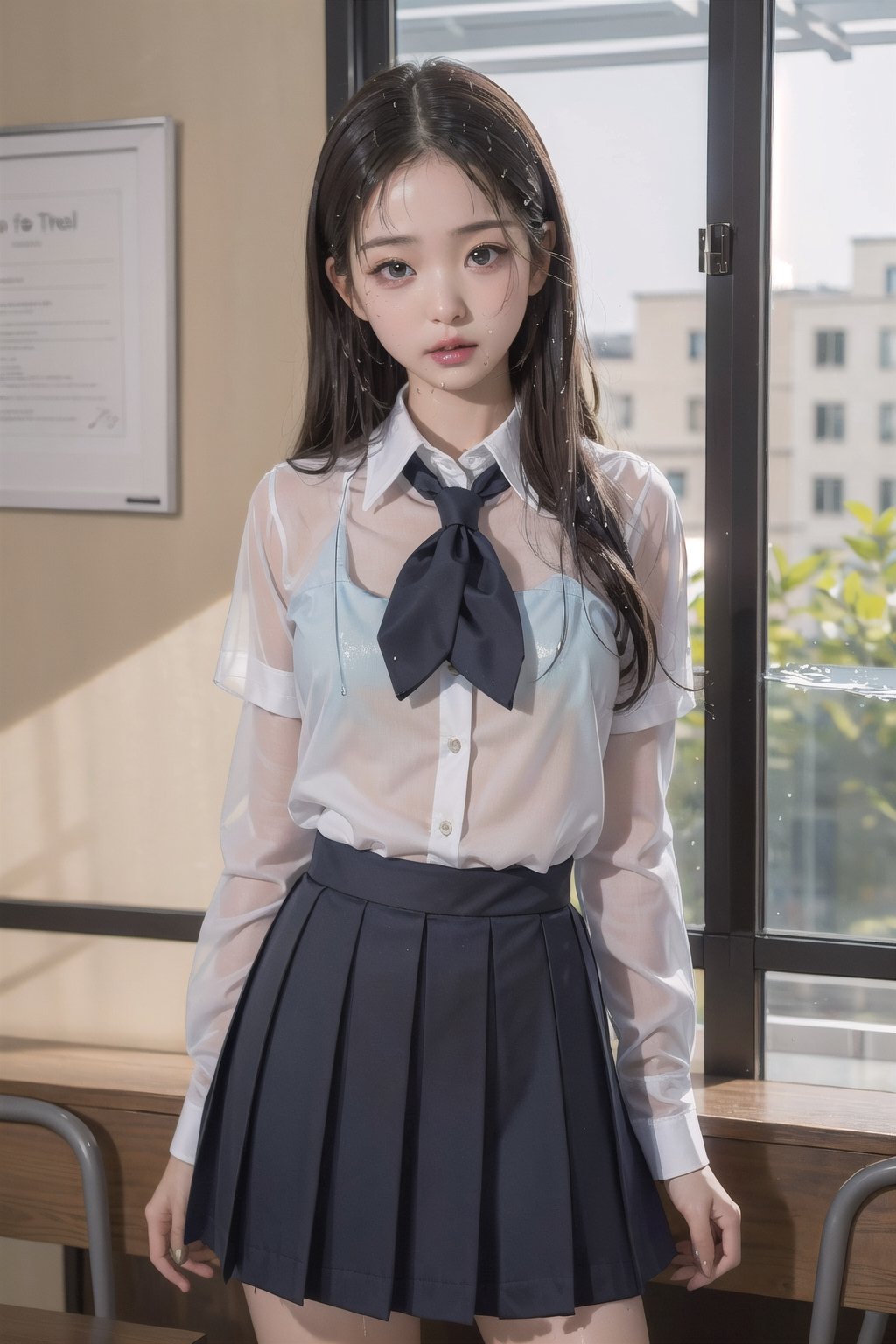 1girl, ((wet school uniform)), pouting,jwy1,((see-through)),30 yo,((shirt_open))