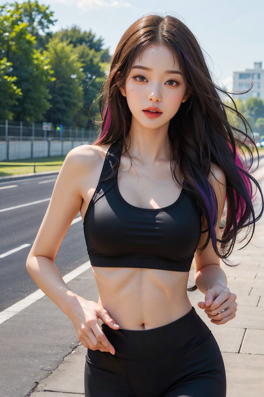 masterpiece, best quality, (photorealistic:1.4), highway, a photo of a beautiful woman, ((rainbow hair)), long hair with bangs,((black sports bra)), ((black yoga pants)), ,jwy1,waist shot,((slender body)), ((large_breast)), ((running))