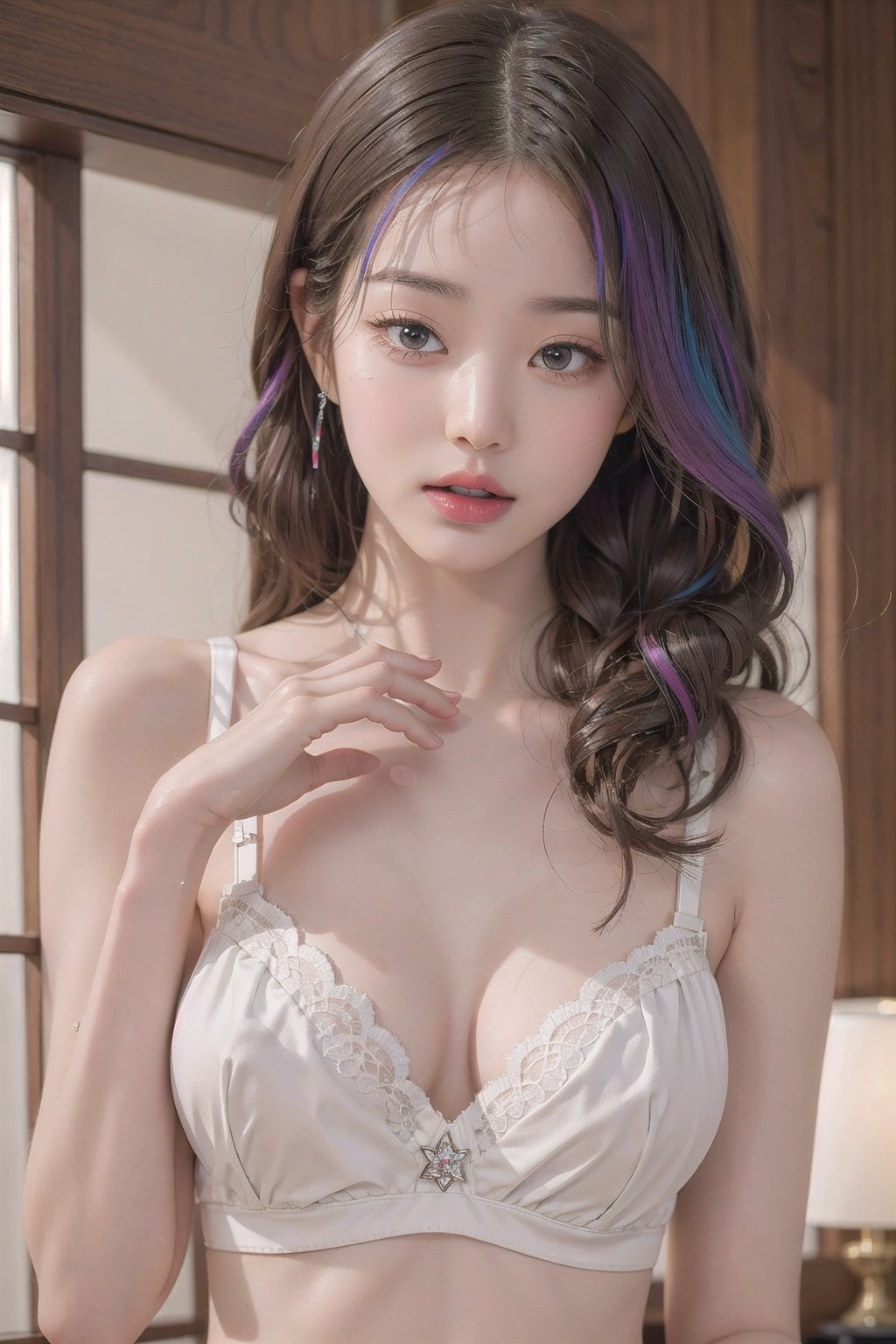 1girl,bra top, obscene face,jwy1,sumptuous jewel,KAWAII,nsfw,((sweat)), rainbow hair