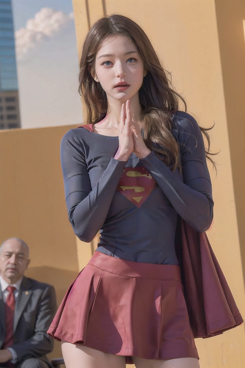 8k, best quality, real picture, intricate details, ultra-detailed, ultra highres, depth field,(photorealistic,realistic:1.2),masterpiece, supergirl, blue eyes, blonde hair, long hair, cape,(( red skirt)), pantyhose, superhero,  solo, sun, blue sky,best quality, realistic, photorealistic, (intricate details:1.2), (delicate detailed), (cinematic light), clear line, sharp focus, realistic face, detailed face,unity 8k wallpaper, ultra high res, (photorealistic:1.4), looking at viewer ,((tight suit)),angry face,((Fighting pose))