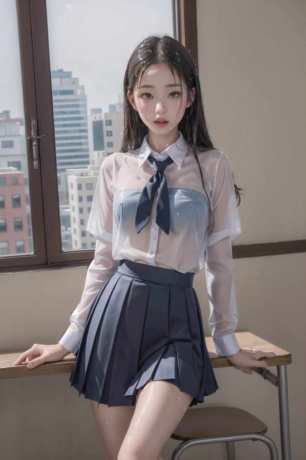 1girl, ((wet school uniform)), pouting,jwy1,((see-through)),30 yo,((shirt_open))