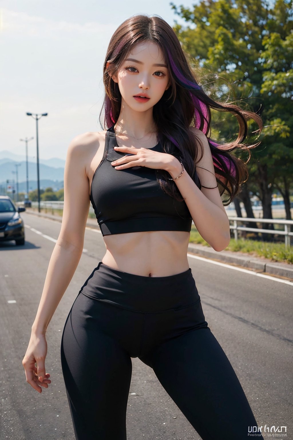 masterpiece, best quality, (photorealistic:1.4), highway, a photo of a beautiful woman, ((rainbow hair)), long hair with bangs,((black sports bra)), ((black yoga pants)), ,jwy1,waist shot,((slender body)), ((large_breast))