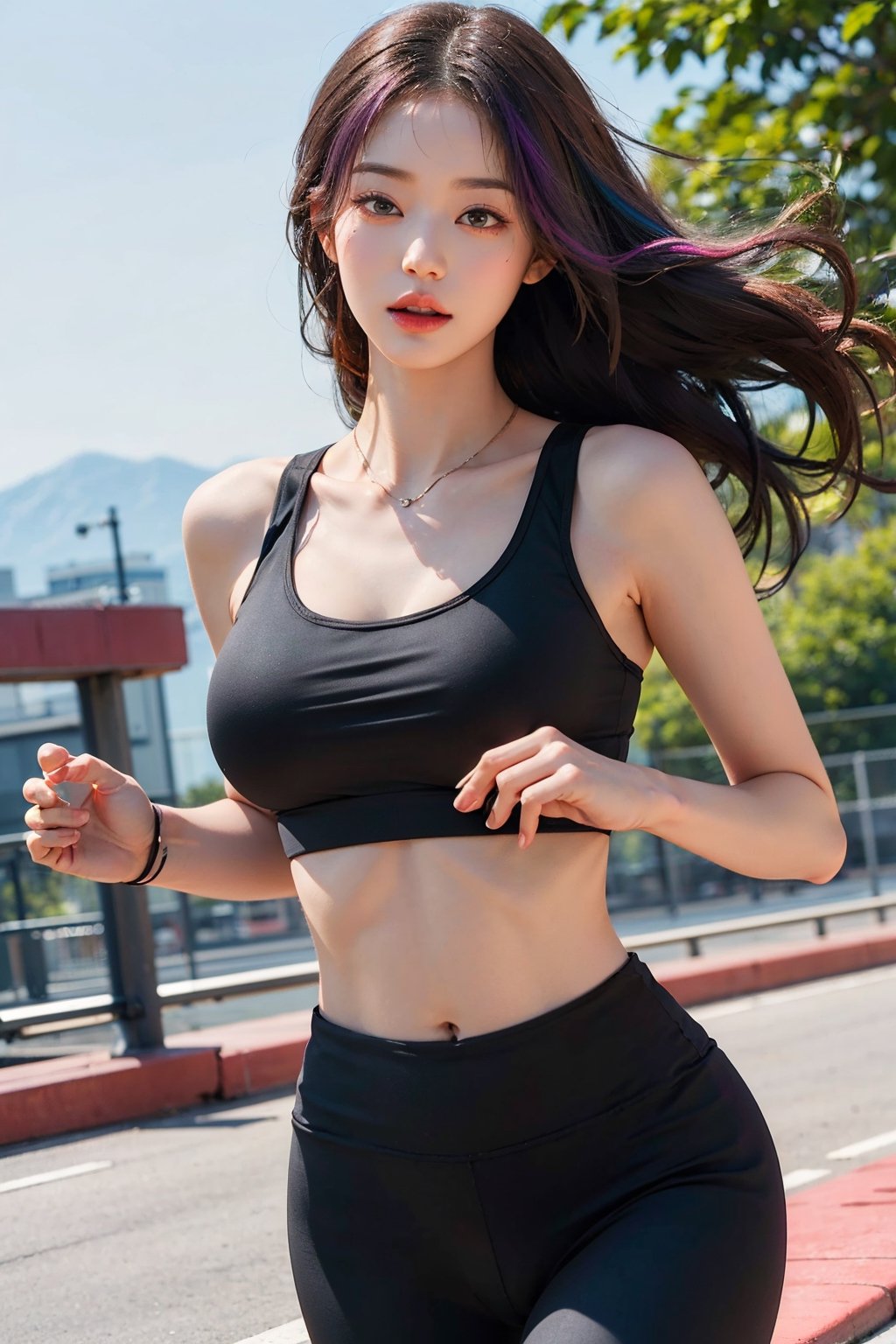 masterpiece, best quality, (photorealistic:1.4), highway, a photo of a beautiful woman, ((rainbow hair)), long hair with bangs,((black sports bra)), ((black yoga pants)), ,jwy1,waist shot,((slender body)), ((large_breast)), ((running))