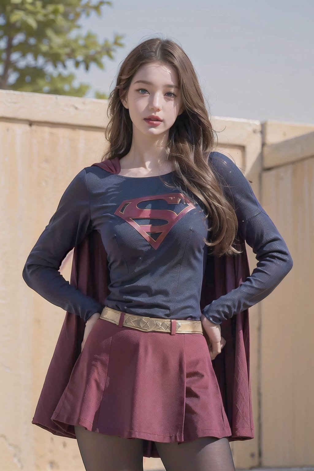 8k, best quality, real picture, intricate details, ultra-detailed, ultra highres, depth field,(photorealistic,realistic:1.2),masterpiece,photo of  european girl, supergirl, blue eyes, blonde hair, long hair, cape, red skirt, pantyhose, superhero, hand on hips, solo, sun, blue sky,best quality, realistic, photorealistic, (intricate details:1.2), (delicate detailed), (cinematic light), clear line, sharp focus, realistic face, detailed face,unity 8k wallpaper, ultra high res, (photorealistic:1.4), looking at viewer , tight_suit