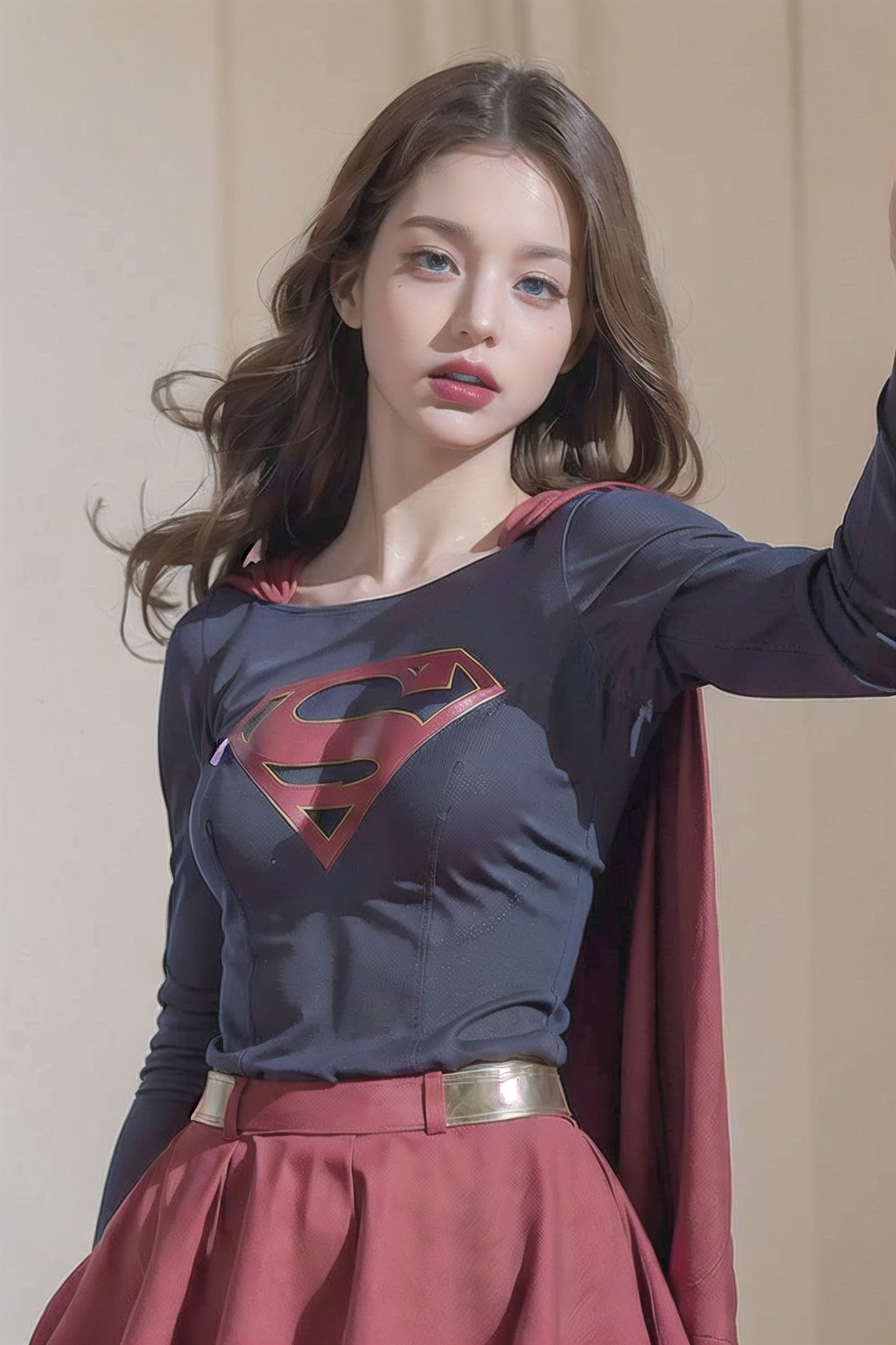 8k, best quality, real picture, intricate details, ultra-detailed, ultra highres, depth field,(photorealistic,realistic:1.2),masterpiece, supergirl, blue eyes, blonde hair, long hair, cape,((red skirt)), pantyhose, superhero,  solo, sun, blue sky,best quality, realistic, photorealistic, (intricate details:1.2), (delicate detailed), (cinematic light), clear line, sharp focus, realistic face, detailed face,unity 8k wallpaper, ultra high res, (photorealistic:1.4), looking at viewer ,((tight suit)),angry face,((dynamic movement)),milokk