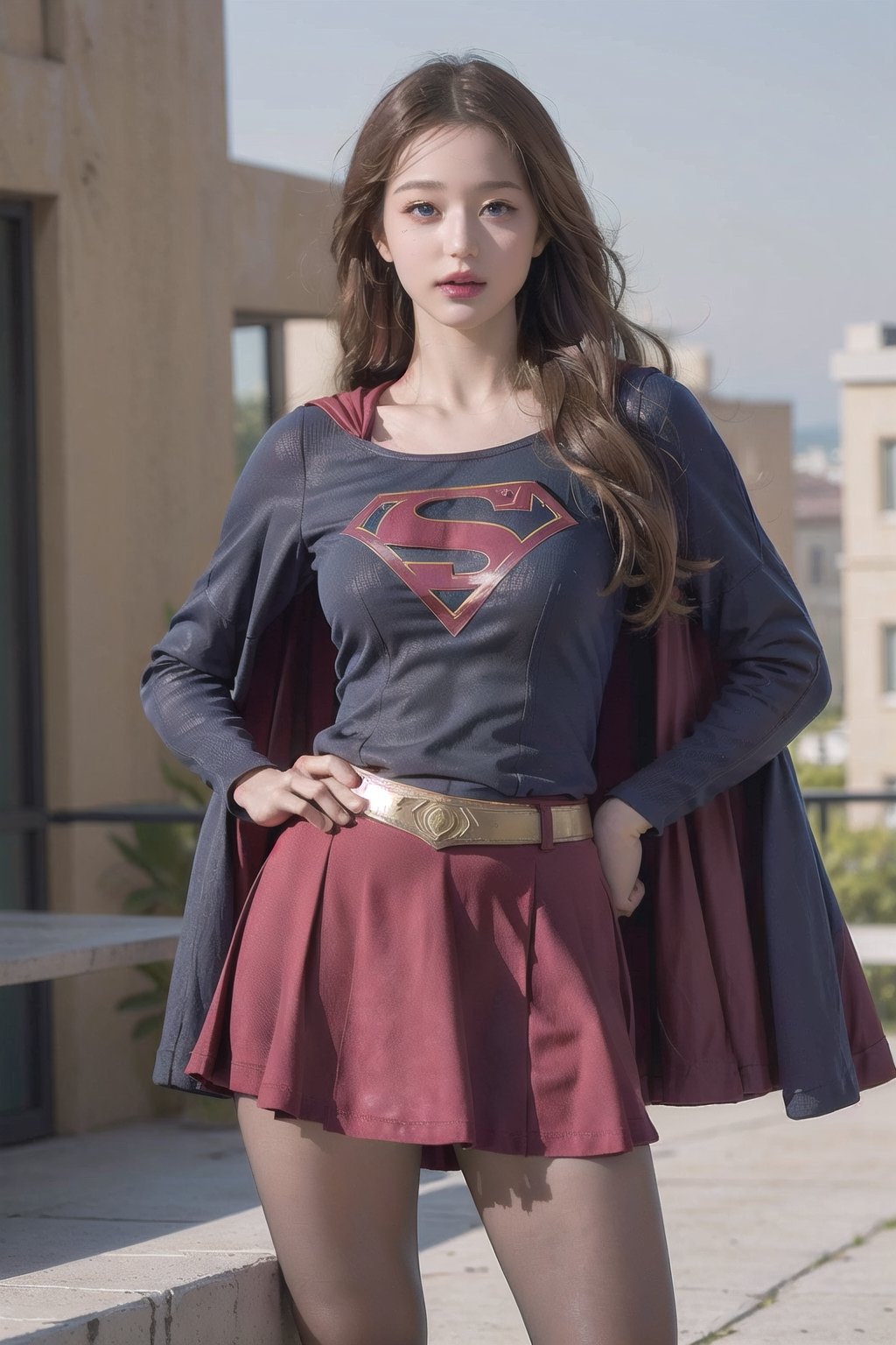 8k, best quality, real picture, intricate details, ultra-detailed, ultra highres, depth field,(photorealistic,realistic:1.2),masterpiece,photo of  european girl, supergirl, blue eyes, blonde hair, long hair, cape, red skirt, pantyhose, superhero, hand on hips, solo, sun, blue sky,best quality, realistic, photorealistic, (intricate details:1.2), (delicate detailed), (cinematic light), clear line, sharp focus, realistic face, detailed face,unity 8k wallpaper, ultra high res, (photorealistic:1.4), looking at viewer , tight_clothes