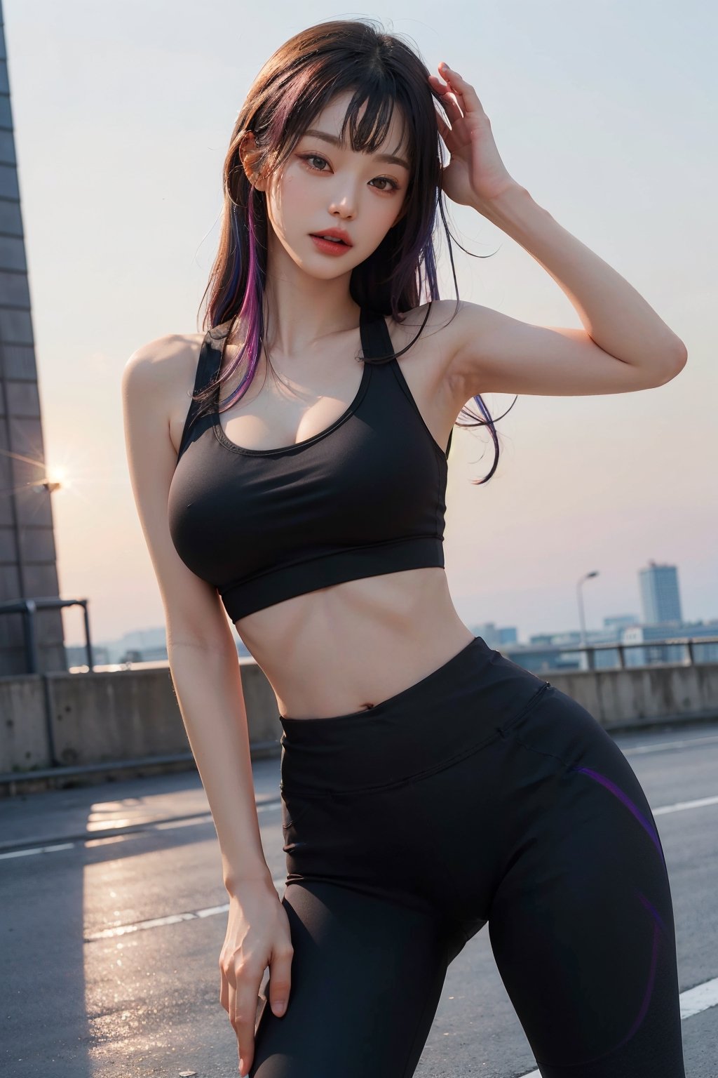 masterpiece, best quality, (photorealistic:1.4), highway, a photo of a beautiful woman, ((rainbow hair)), long hair with bangs,((black sports bra)), ((black yoga pants)), ,jwy1,waist shot,((slender body)), ((large_breast))